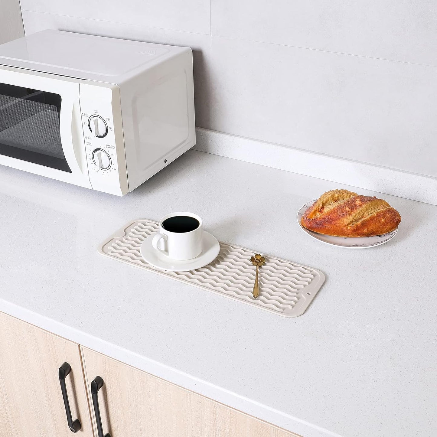 Silicone Dish Drying Mat for Multiple Usage,Easy clean,Eco-friendly,Heat-resistant Silicone Mat for Kitchen Counter or Sink,Refrigerator or Drawer Liner Tapioca S 12 inches x 6 inches