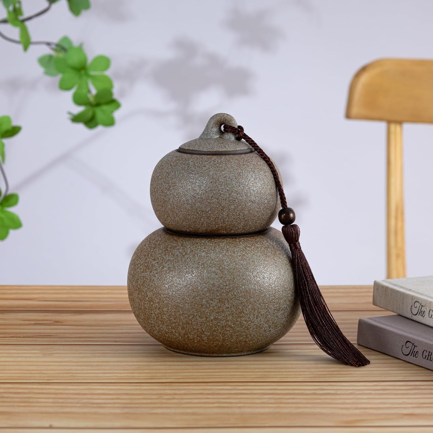 Ceramic Airtight Canister 22 Oz /660ml,Gourd Shap 2 Layers Loose Tea Candy,Food Storage Jar for Coffee,Beans,Herb,Spices,Nuts -Stone White