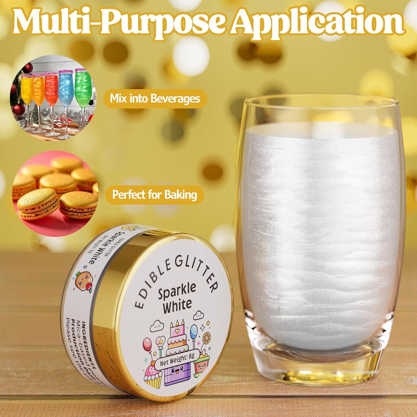 Nomeca Edible Glitter for Drinks Cakes, 8 grams Food Grade Luster Dust Sprinkles Glitter for Cake Decorations, DIY Cocktails, Beverages & Cake Decorating, Dessert Cake Topper (6-Sparkle White)