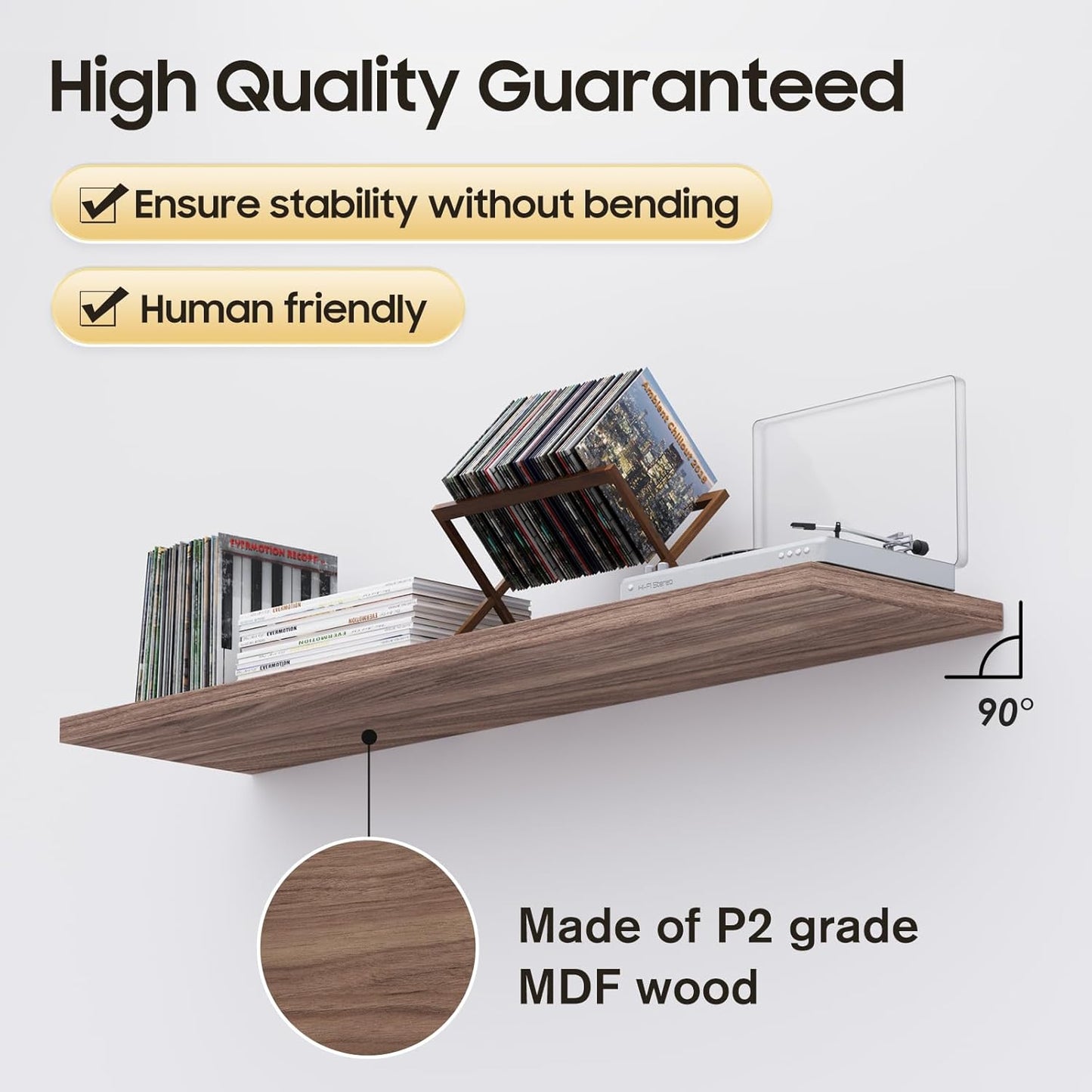 Wall Shelf Set of 1, Walnut Floating Shelves 24 in W x 10 in D x 1 in H, Wooden Floating Wall Shelf with Invisible Brackets for Living Room/Bedroom/Bathroom/Kitchen Storage and Decor