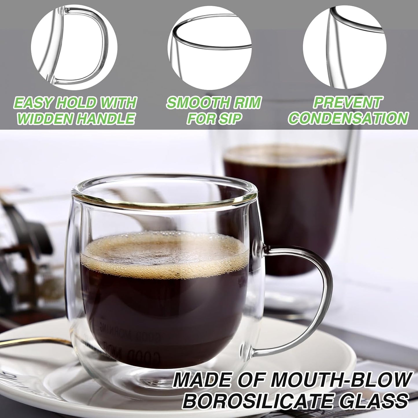 Espresso Cups Set of 4, 5 OZ Expresso Shots Glass Cups, Double Walled Glass Coffee Mugs with Handles, Espresso Machine Accessories, Insulated Espresso Shot Glasses, Clear Nespresso Cup for Cappuccino