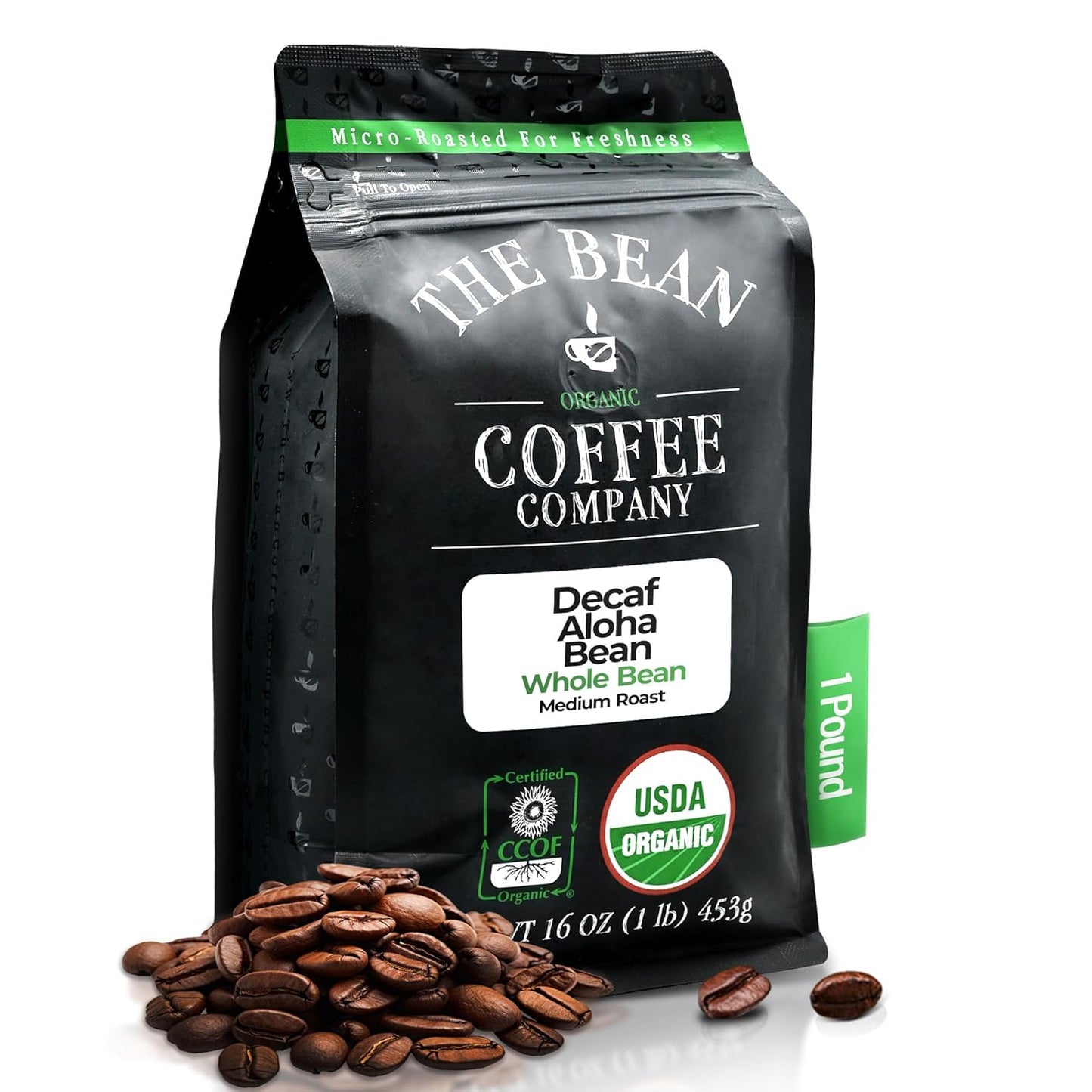 The Bean Organic Coffee Company Water Processed DECAF Aloha Bean (Hawaiian Hazelnut), Medium Roast, Whole Bean Coffee, 16-Ounce Bag