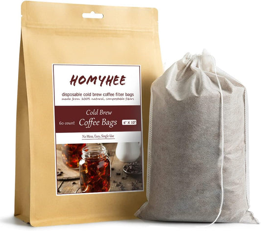 Cold Brew Coffee Bags 60 Count Disposable Fine Mesh Brewing Bags for Concentrate/Iced Coffee Maker, French/Cold Press Kit, Hot Tea in Mason Jar or Pitcher, 6 x 10 Inches