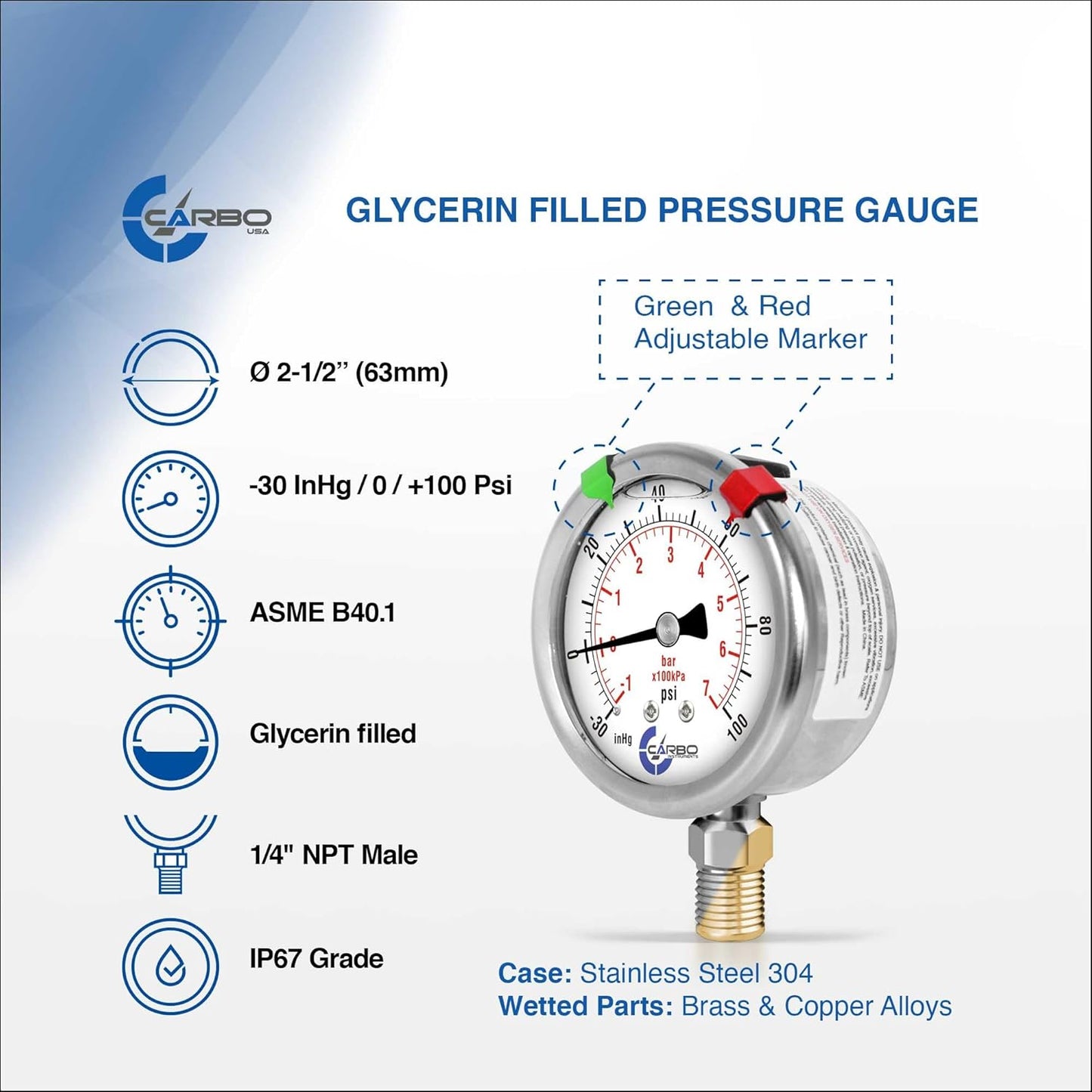 Stainless Steel Pressure Gauge Dual Display (-30/0 / +100 inHg/psi/kPa) - 2 1-2" Glycerine Liquid Filled Water Air Oil Gas Gauge with Polycarbonate Lens - Compound Vacuum -1/4" NPT