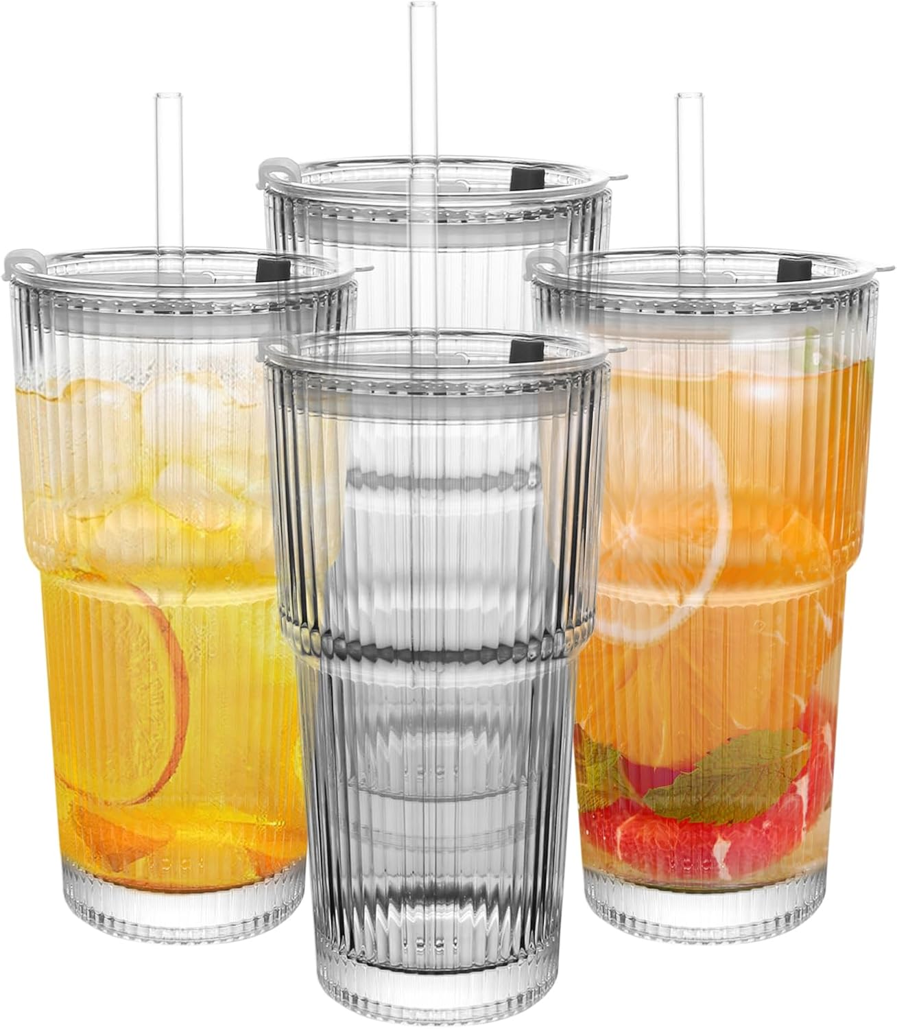 20oz Ribbed Drinking Glasses with Lids and Glass Straws-Thickened Glass cup -Vintage glass straw cups- Ideal for Iced Coffees, Cocktails, Juices, Family Use and Parties (4)