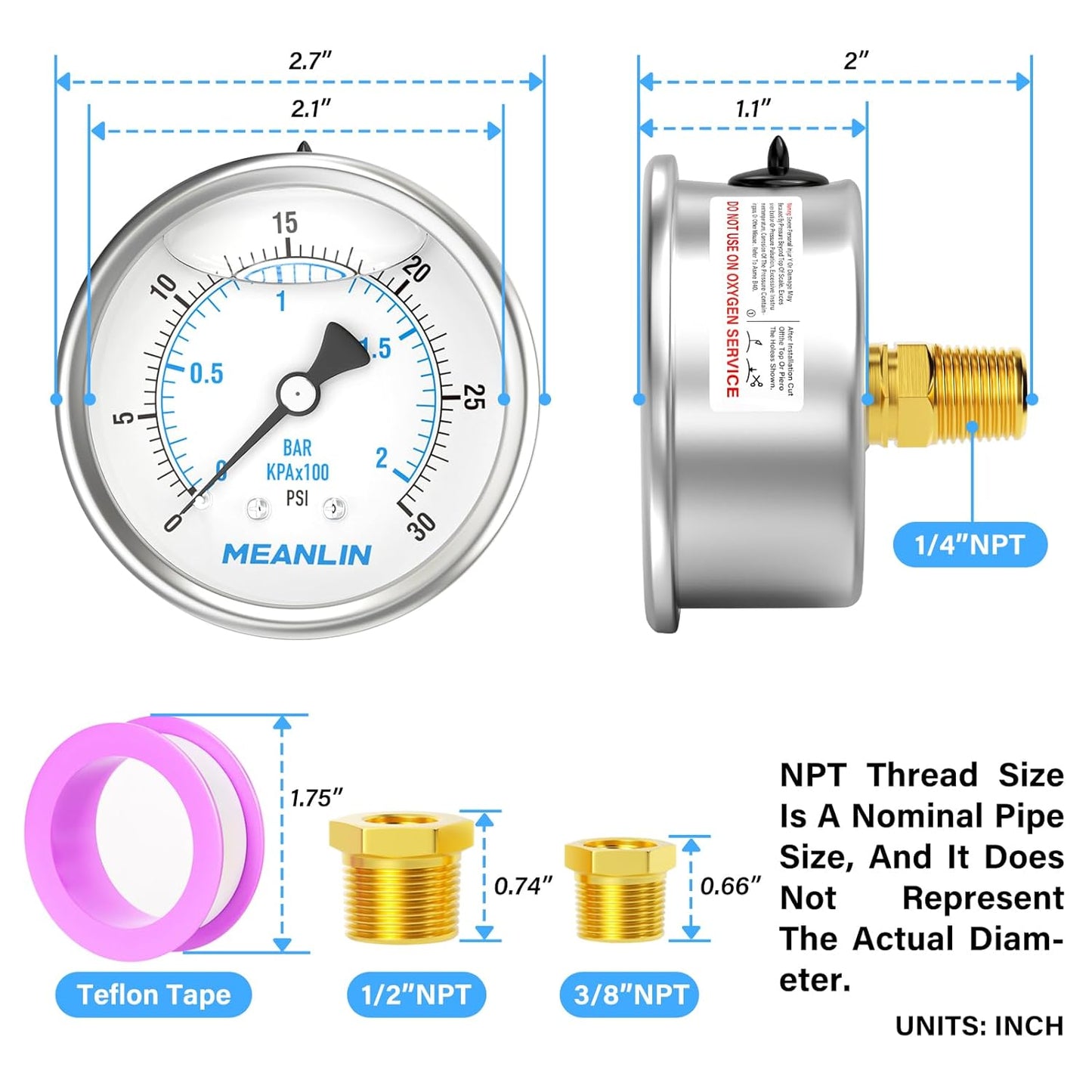 MEANLIN MEASURE 0~30Psi Stainless Steel 1/4" NPT 2.5" FACE DIAL Liquid Filled Pressure Gauge WOG Water Oil Air Center Back Mount, with 1/2" NPT and 3/8" NPT Hex Bushing