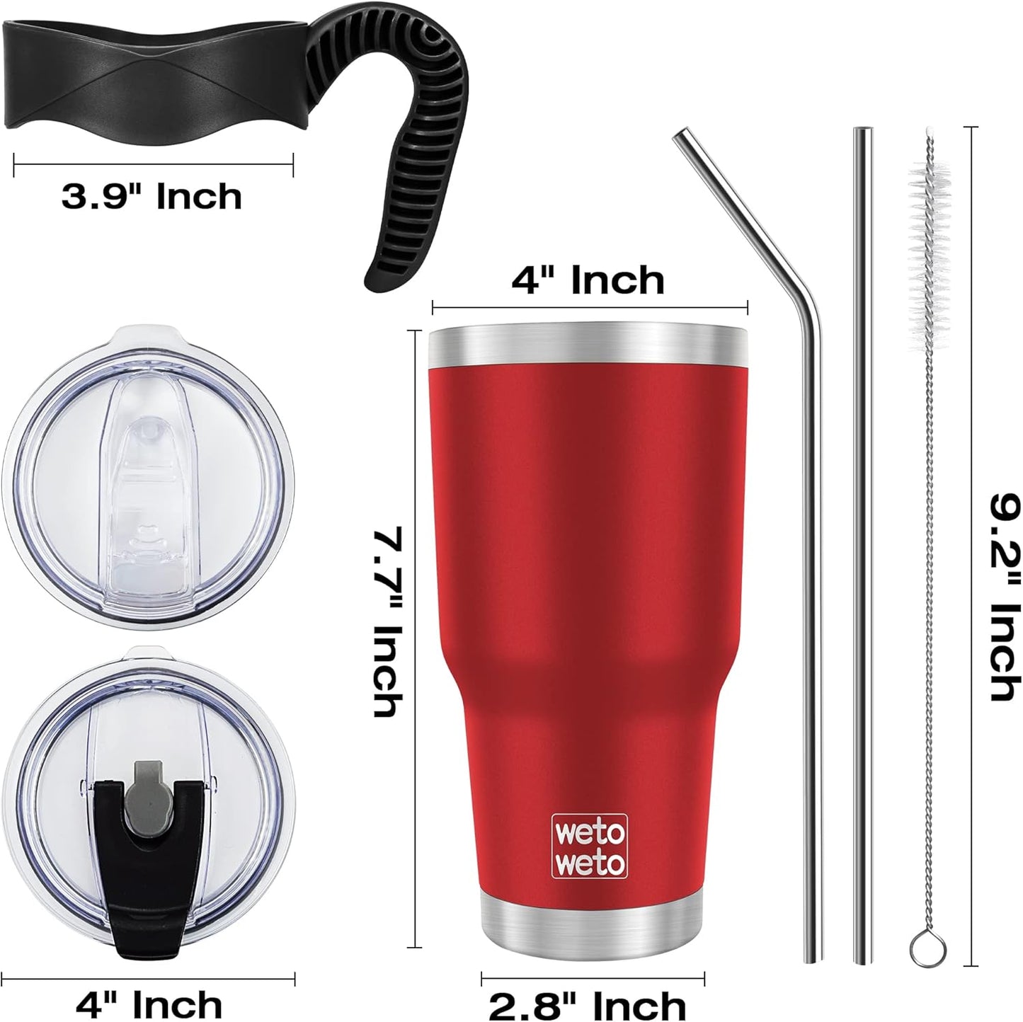 WETOWETO 30oz Insulated Tumbler With 2 Lids and 2 Straws, Stainless Steel Double Vacuum Coffee Tumbler Cup with handle, Powder Coated Travel Mug for Office, Travel(Harvest Red, 1 Pack)