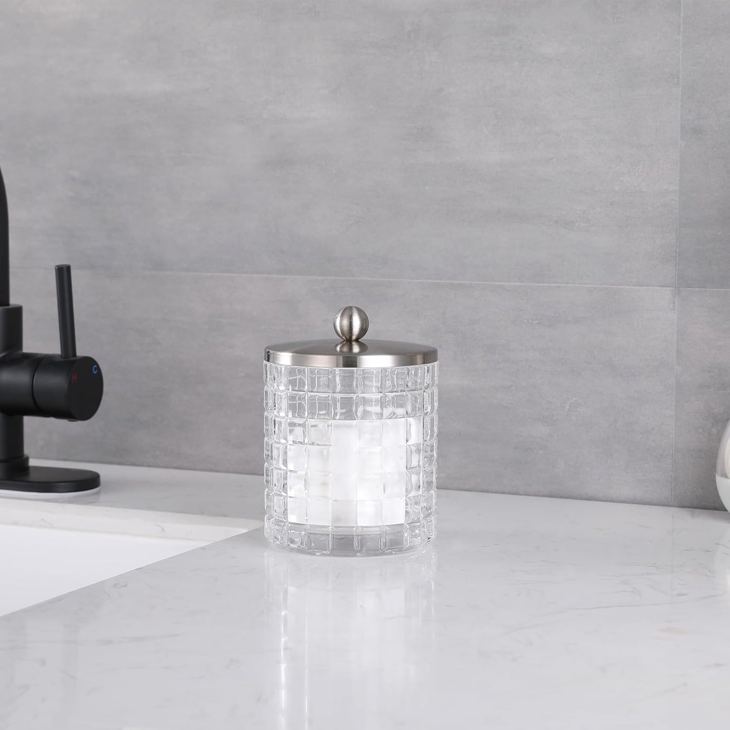 Glass Jar with Metal Lid for Bathroom Organization, Clear Apothecary Jar for Cotton Balls, Q Tips, and Small Accessories, Stylish Bathroom Storage Container Clear, Nickel