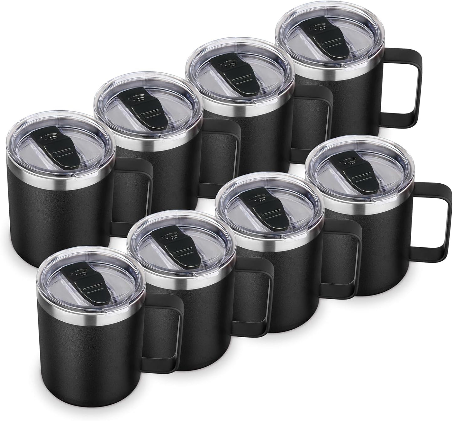 Volhoply 14oz Insulated Stainless Steel Coffee Mug with Lid Bulk 8 Pack,Double Wall Vacuum Travel Coffee Cup with Handle,Reusable Metal Cups Tumbler,Camping Mugs Keep Hot,Ideal Gifts(Black,8)