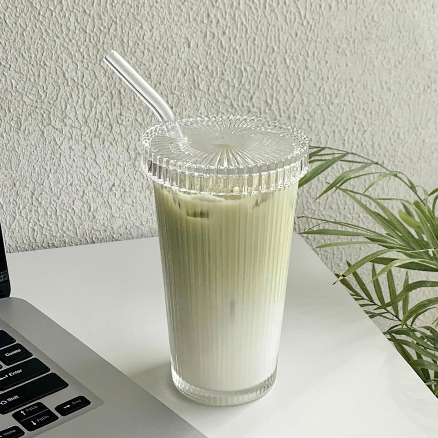 13oz Clear Iced Coffee Cups with Lids, Clear Glass Tumbler with Straw & Lid, Ribbed Glassware Cups, Dishwasher Safe Drinking Glasses, Stylish Glass Cups for Coffee, Juice, Tea, Matcha