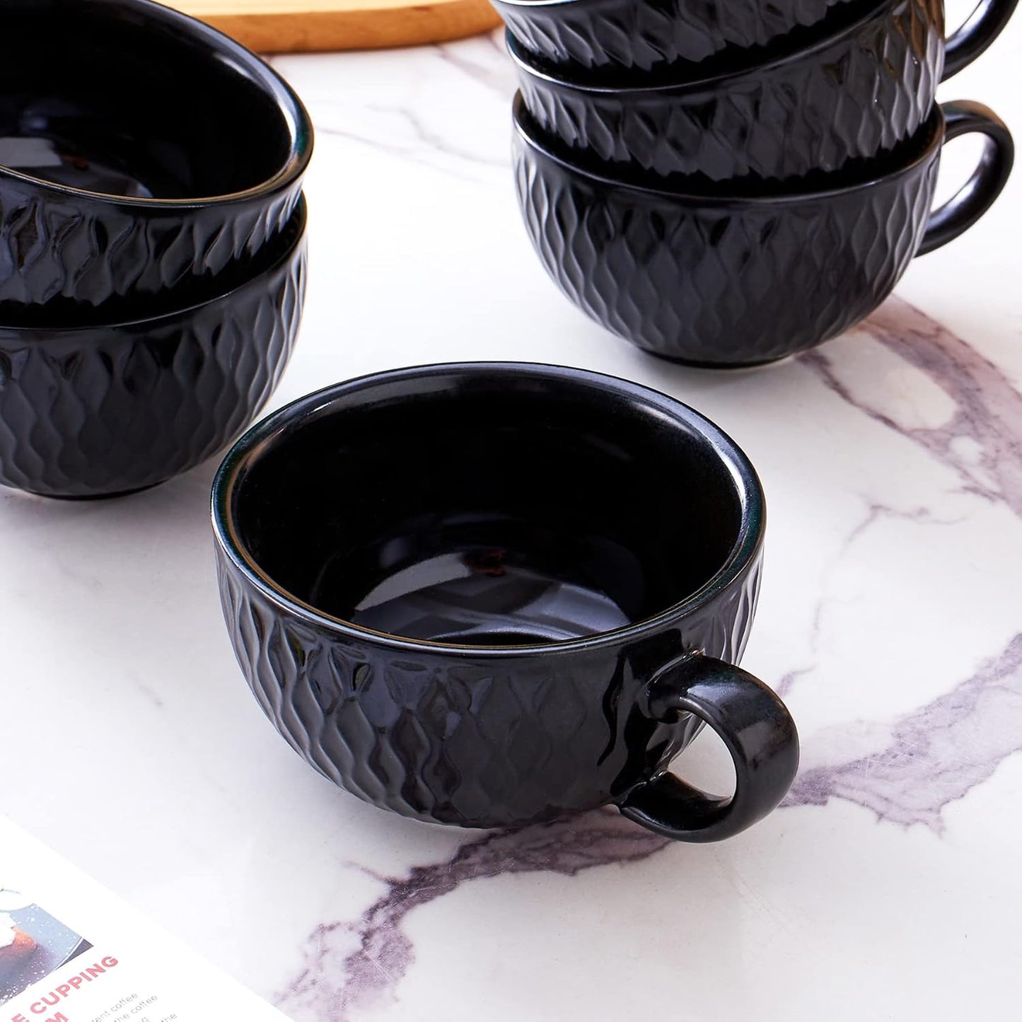 Set of 6 Cups Vintage Design 12 oz Professional Barista Ceramic Latte Art Cappuccino Cups Set (Embossed Black * 6)