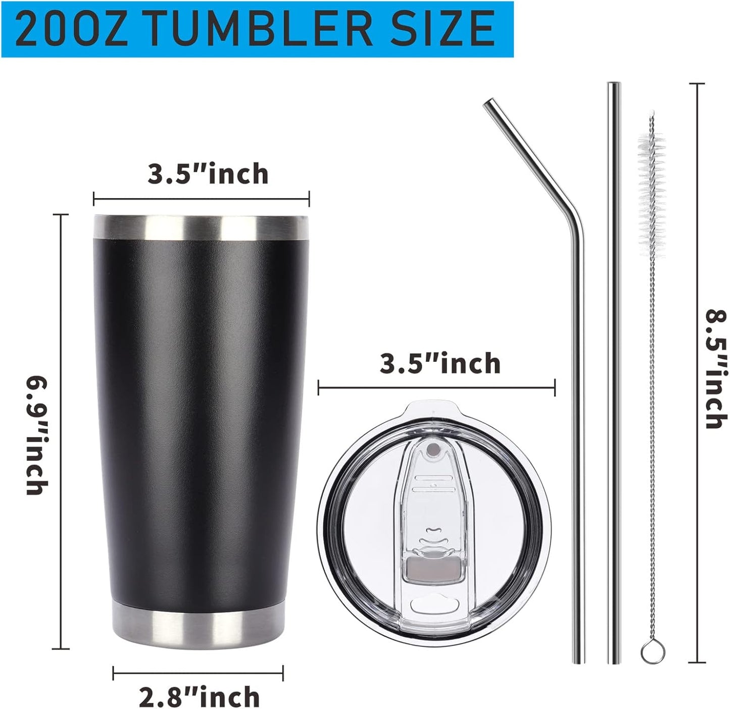 Pandance 20oz Stainless Steel Insulated Tumblers with Lid and Straw Bulk, Double Wall Vacuum Water Cups for Hot & Iced Coffee Drinks Travel Mug (Black, 8 pack)