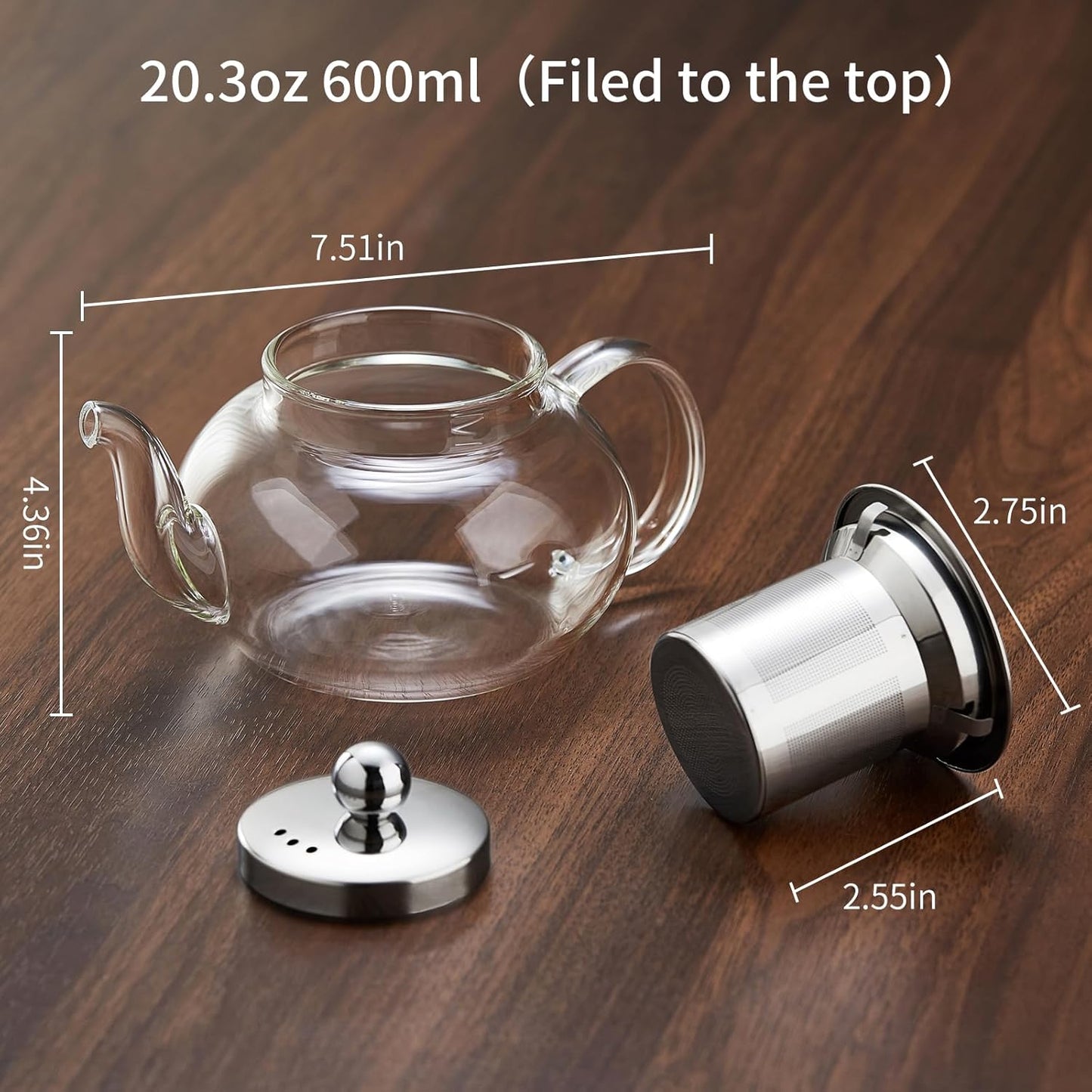 Glass Teapot Stovpetop Safe,20 oz/ 600 ml Stove Top & Microwave Safe Small Borosilicate Glass Kettle with Loose Leaf Tea Strainer For Flower Blooming Tea, Clear