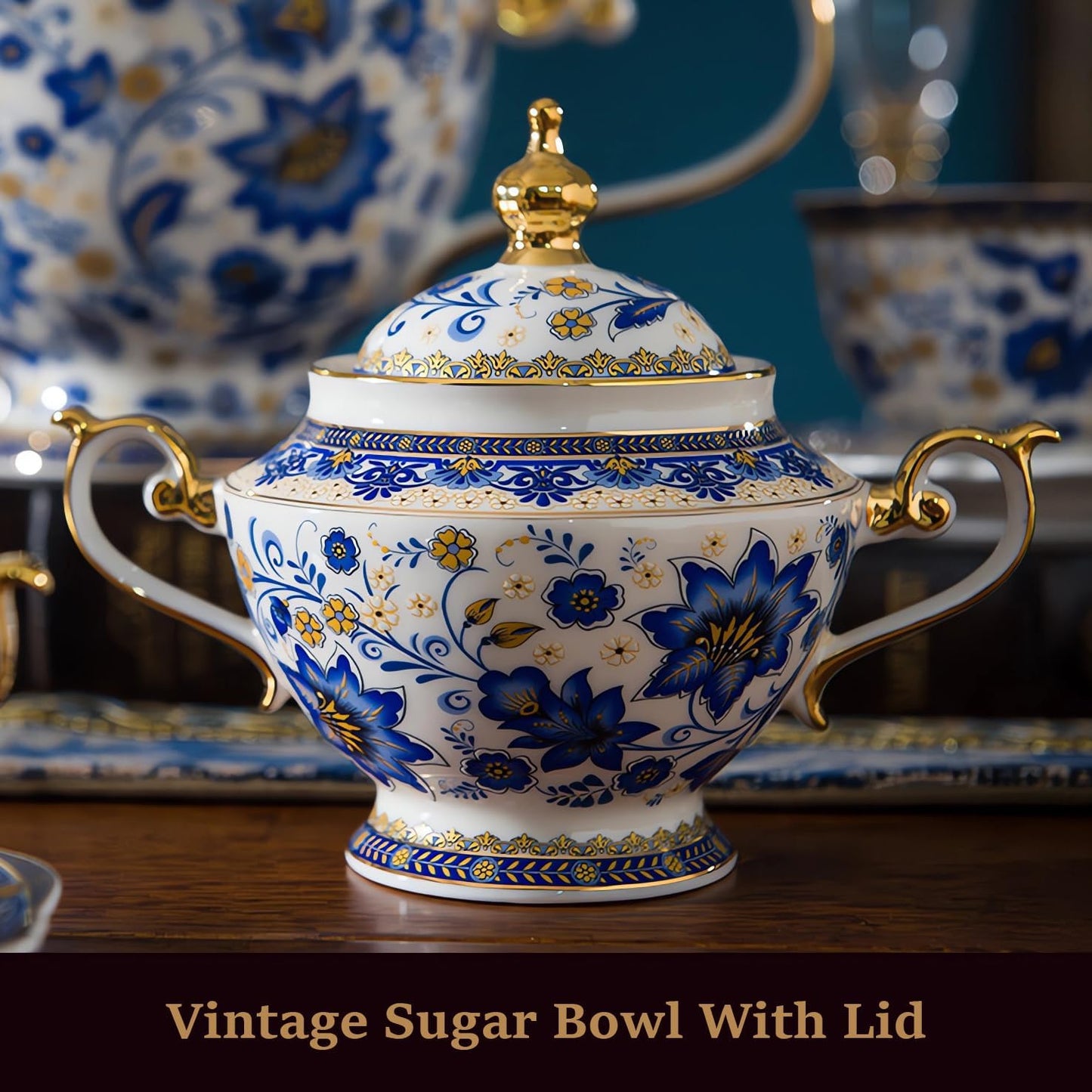 ACMLIFE Bone China Tea Set for 6, Blue and White Tea Set for Adults 24K Gold, Vintage Floral British English Cups and Saucers for Women Party or Gift Giving (Blue)