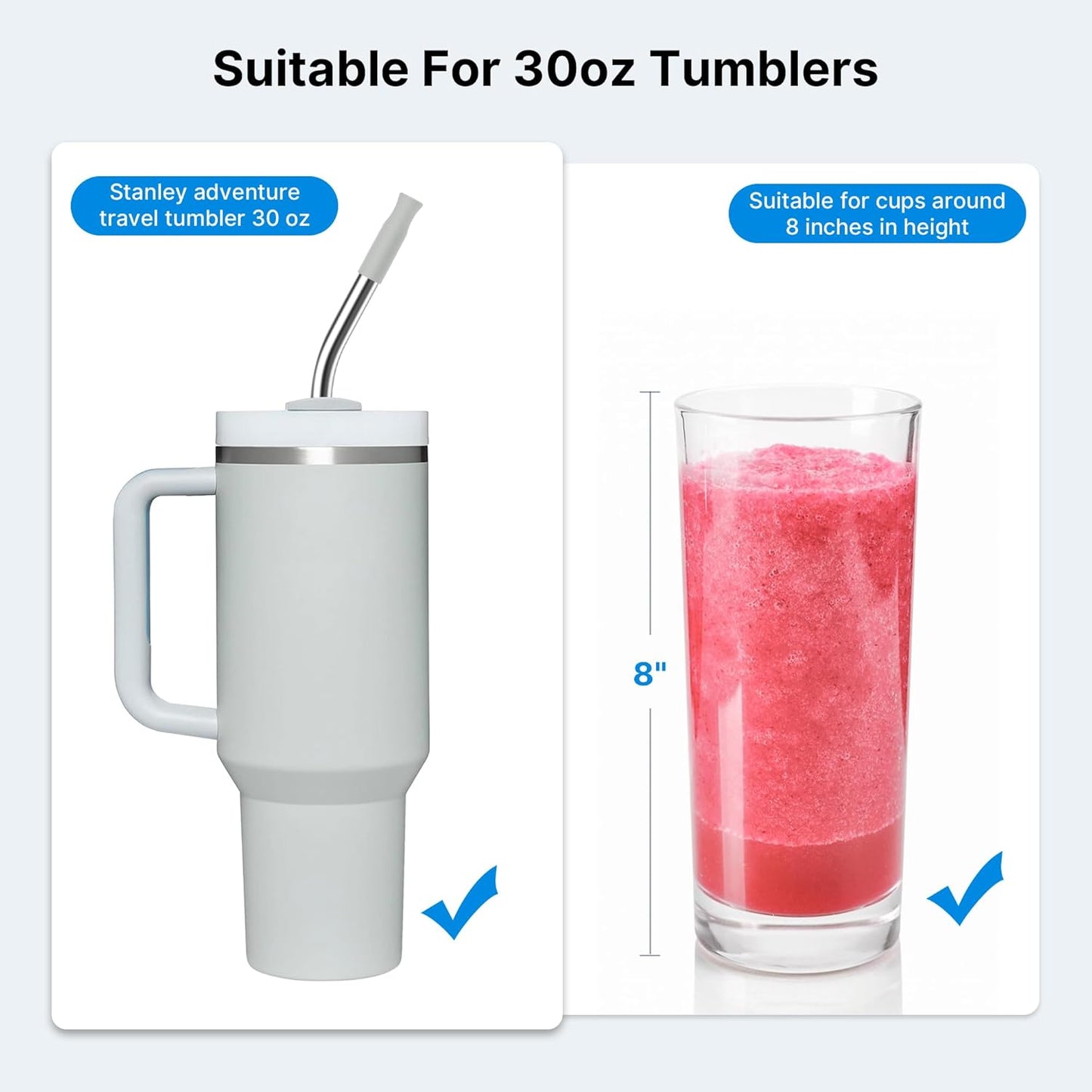 Repeatable Metal Straw with Silicone Tips for 30 oz Stanley Tumbler, 2 Pcs 30 oz Stainless Steel Straws Replacement for Stanley Tumbler, 1 Straw Brush, BPA Free（Light Gray）