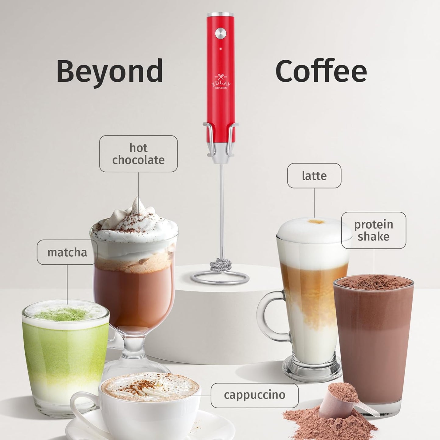 Zulay Kitchen Lux Rechargeable Milk Frother Handheld - Powerful 2-Speed Motor, Fully Waterproof, 2000mAh Battery - Drink Mixer For Latte, Cappuccino, Matcha, Protein Powder - Red