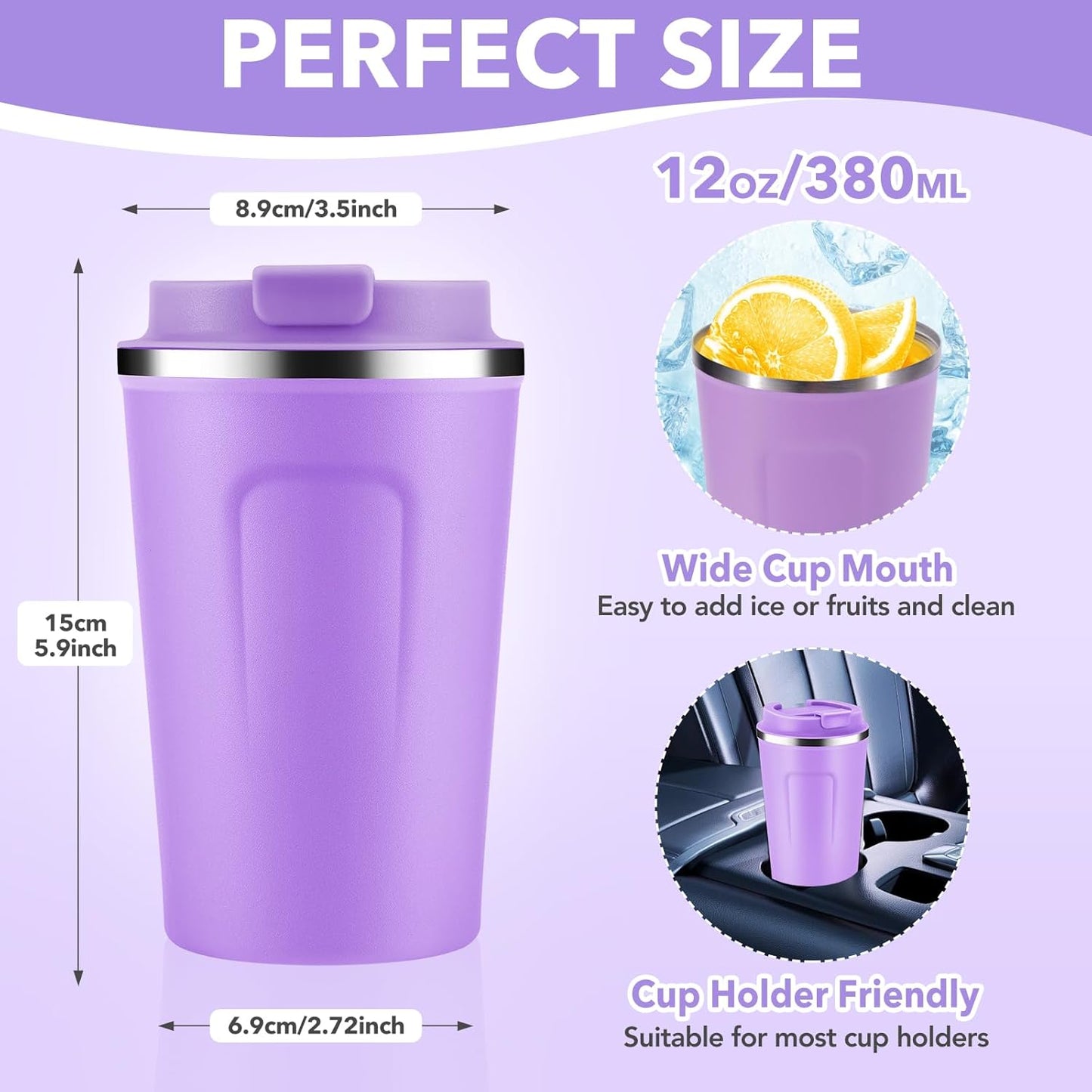 Volhoply 12 oz Double Wall Insulated Vacuum Travel Coffee Mug with Flip Lid Bulk 8 Pack,Reusable Stainless Steel Leak Proof Coffee Cup,Portable Cafe Thermal Tumblers for Hot&Cold Drinks(Purple,8 Set)