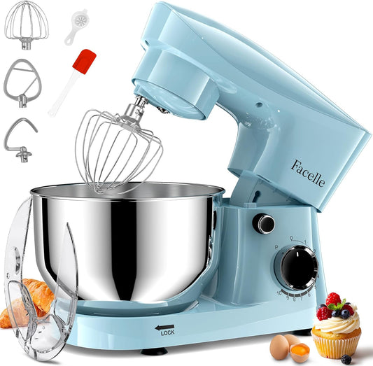 Facelle Stand Mixer, 10-Speed 6QT Kitchen Electric Mixer, Tilt-Head Food Mixer with Beater, Dough Hook, Wire Whip and Egg Separator, scraper for Most Home Cooks - Blue