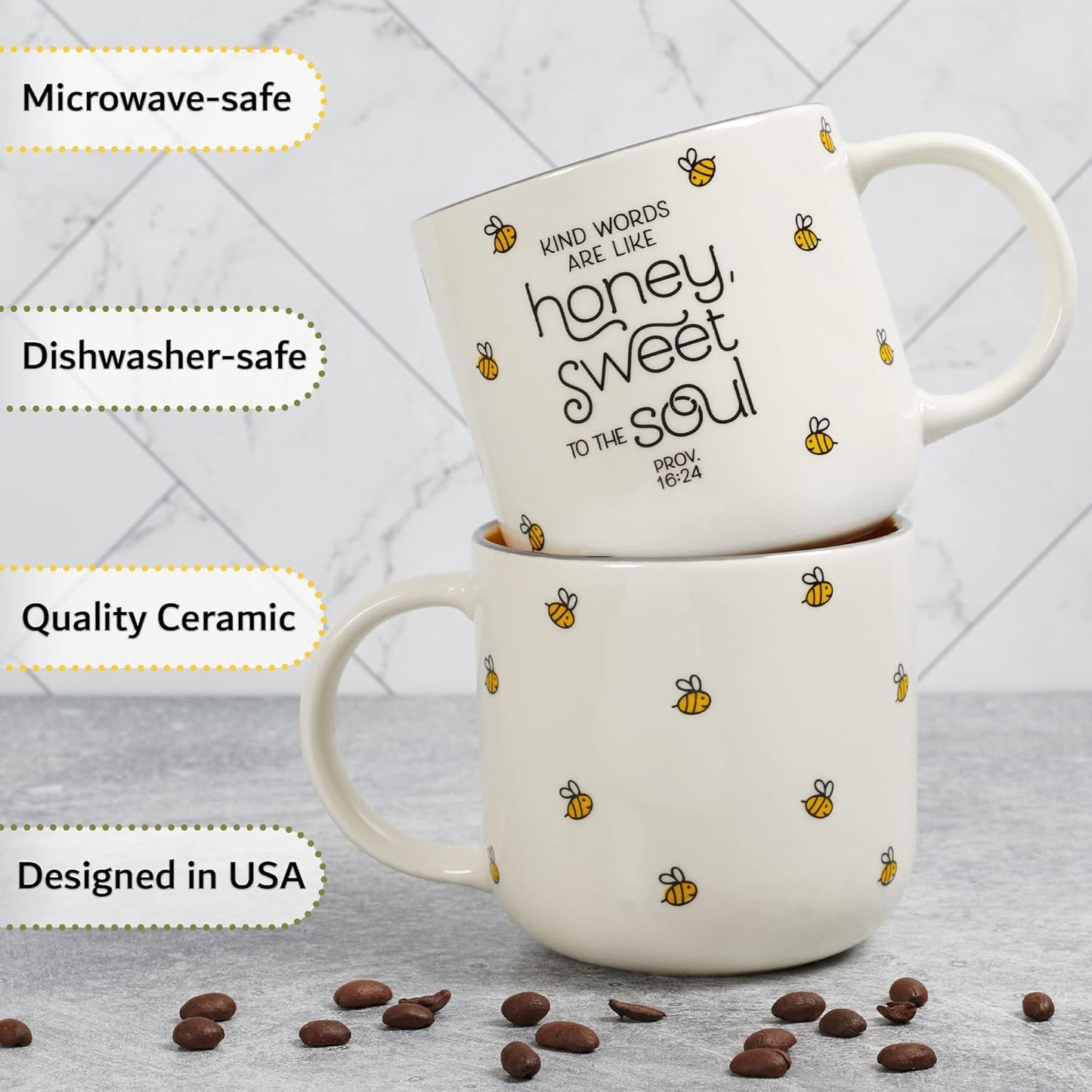Christian Art Gifts Large Ceramic Coffee & Tea Mug for Women: Kind Words are Like Honey Inspirational Bible Verse, Non-toxic/Lead-free, Microwave/Dishwasher Safe Bumble Bee Cup, Yellow/White, 15 oz.