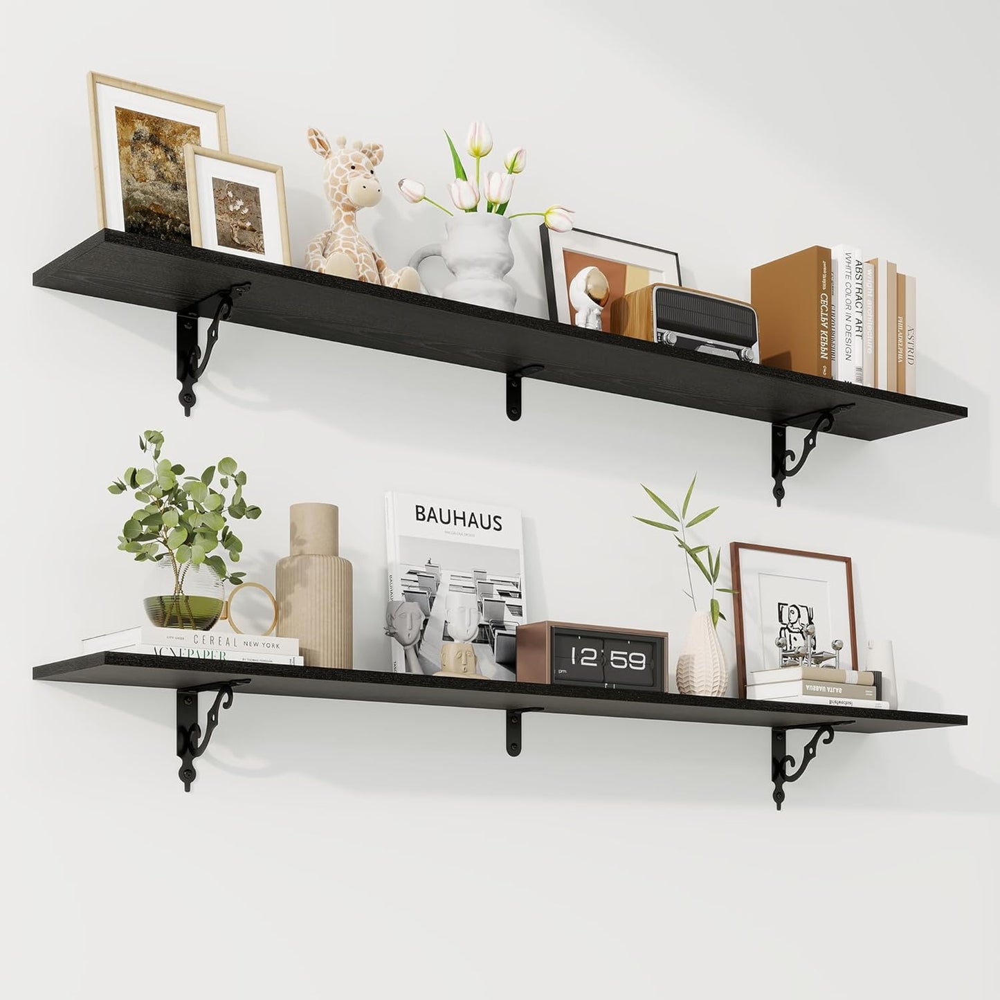 RICHFOCUS Floating Shelves for Wall Decor, 55.1W x 8D Wall Shelves Set of 2, 8 Inch Deep Rustic Wood Shelves Wall Mounted with Brackets, Long Floating Shelves for Living Room Bedroom Kitchen, Black