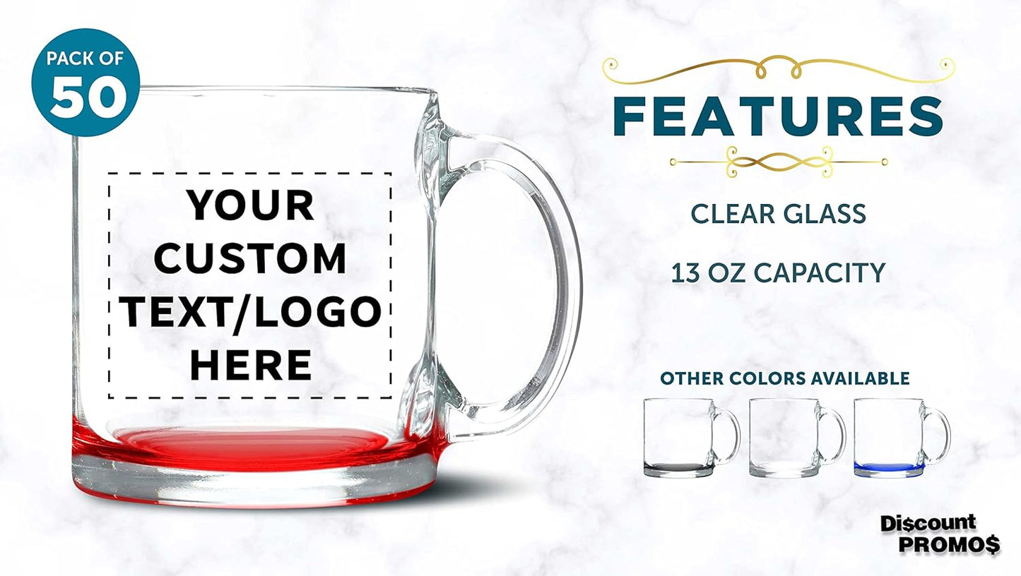 Custom Libbey Clear Glass Coffee Mugs 13 oz. Set of 50, Personalized Bulk Pack - Perfect for Coffee, Tea, Espresso, Hot Cocoa, Other Beverages - Red Bottom