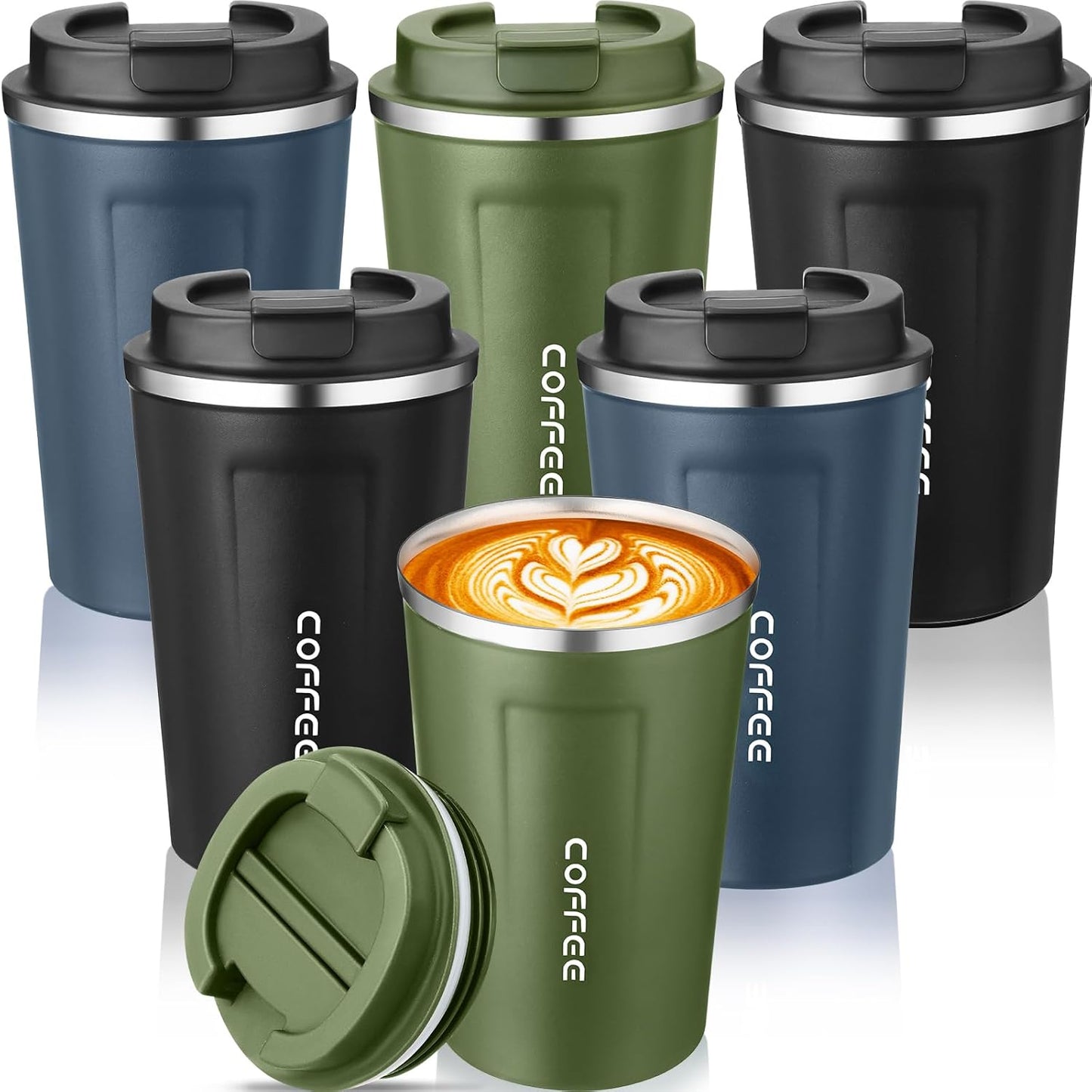 6 Pack Travel Coffee Mugs 12oz Double Wall Insulated Coffee Cups Bulk with Lid Vacuum Stainless Steel Leak Proof Reusable Portable Tumblers for Cold and Hot Drinks(Black, Blue, Green)