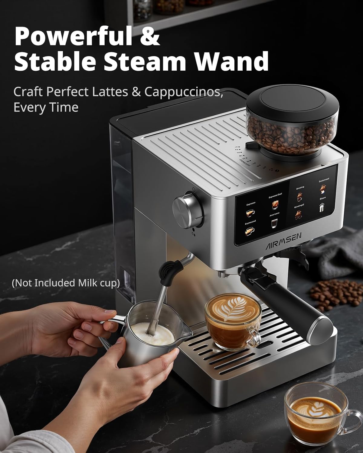 AIRMSEN Espresso Machines with Burr Grinder, 20 Bar, Milk Frother Steam Wand, Stainless Steel Coffee Maker for Home - Cappuccino Latte & Cold Brew Iced Coffee Maker & Americano