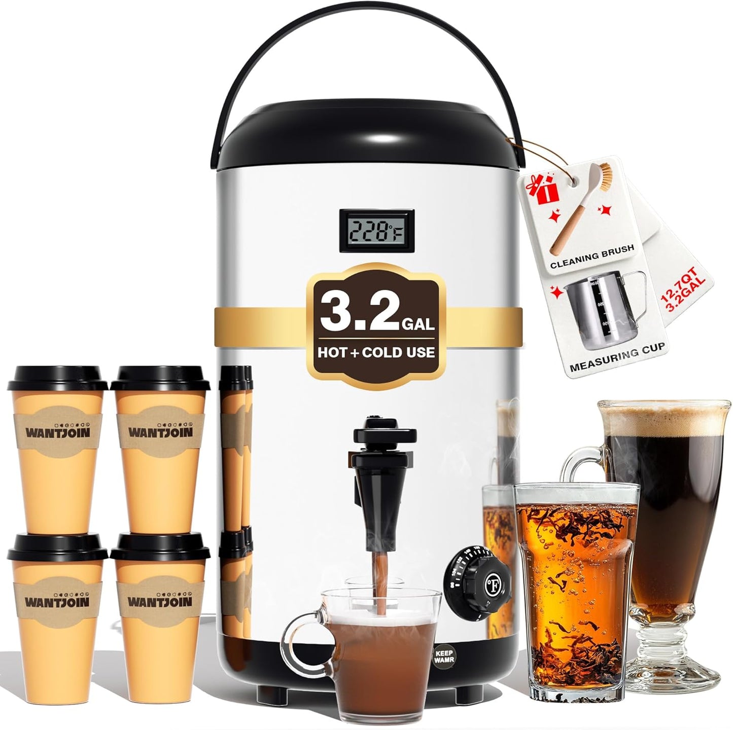 WantJoin Electric Heating Beverage Dispenser-75 Cup Hot&Cold water Urn-Stainless Steel Premium 12 L/3.2 Gallon Hot Drink Dispenser with Spigot for Coffee & Hot tea,Cold Milk,Water,Juice(Silver)