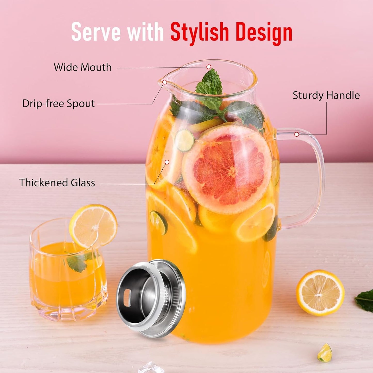 Glass Pitcher, veecom 105 Oz Large Glass Water Pitcher with Handle and Lid, Pitchers for Drinks, Iced Tea Pitcher for Fridge, Lemonade Juice Jugs