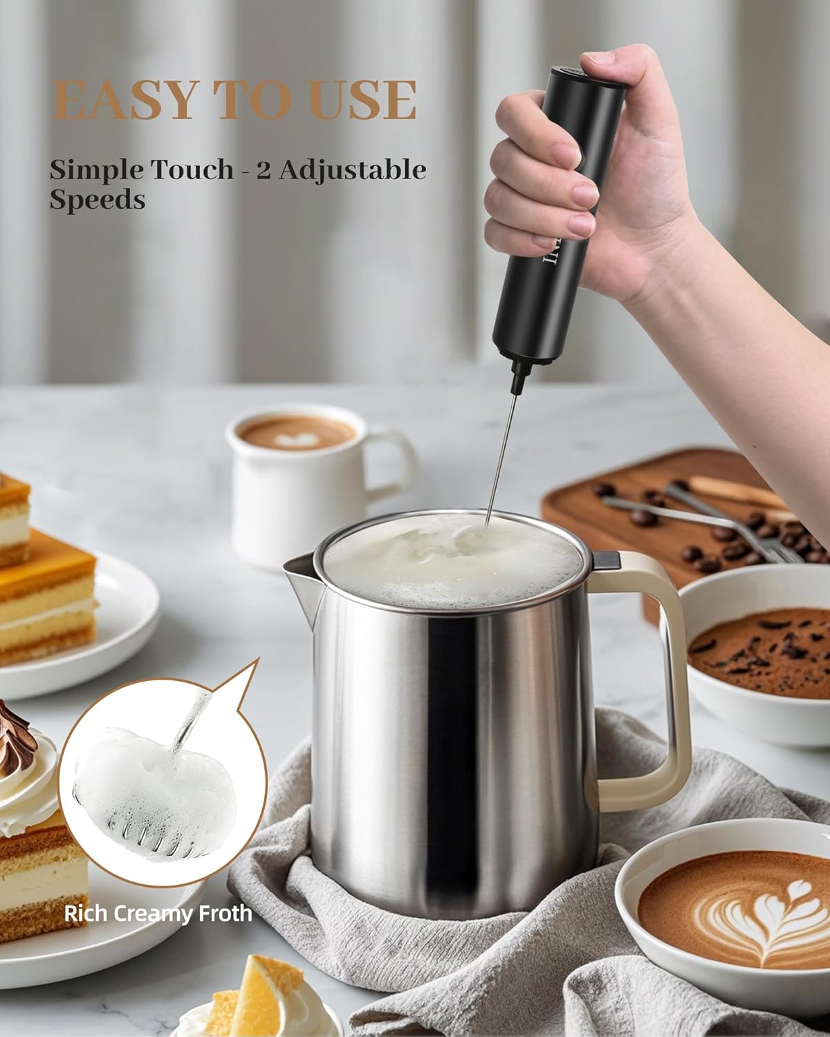Milk Frother Rechargeable with Cover - Coffee Frother Wand, Drink Mixer Handheld with 2 Detachable Stainless Whisks 2 Speed Adjustable for Latte, Cappuccino, Hot Chocolate, Egg, Black