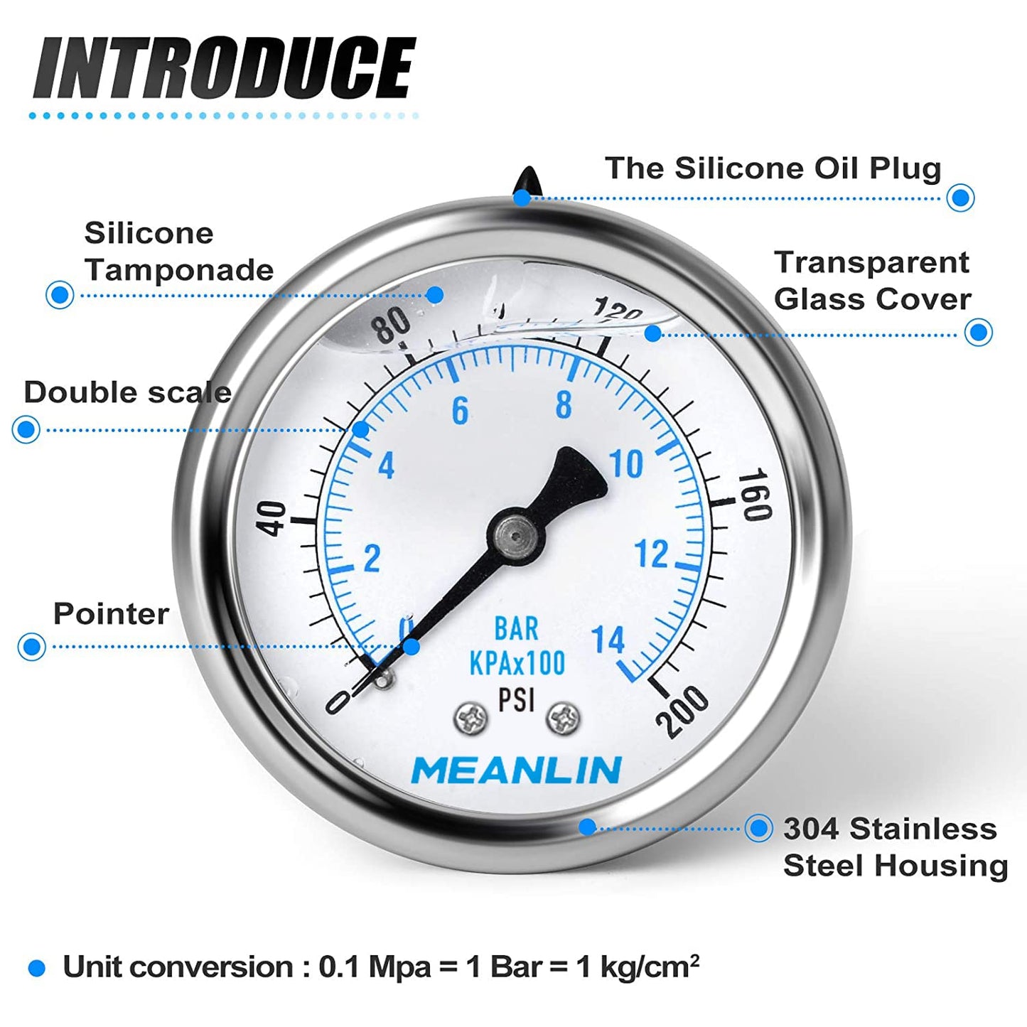 MEANLIN MEASURE 0~200Psi Stainless Steel 1/4" NPT 2.5" FACE DIAL Liquid Filled Pressure Gauge WOG Water Oil Air Center Back Mount, with 1/2" NPT and 3/8" NPT Hex Bushing