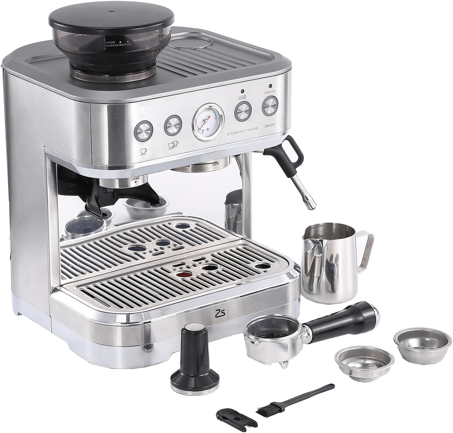 15 Bar Express Espresso Machine with Built-in Grinder,Stainless Steel Semi Automatic Espresso Maker,Dual PID Control, 80oz Water Tank,Heating, Milk Frother & Auto-Cleaning,for Lattes and Cappuccinos