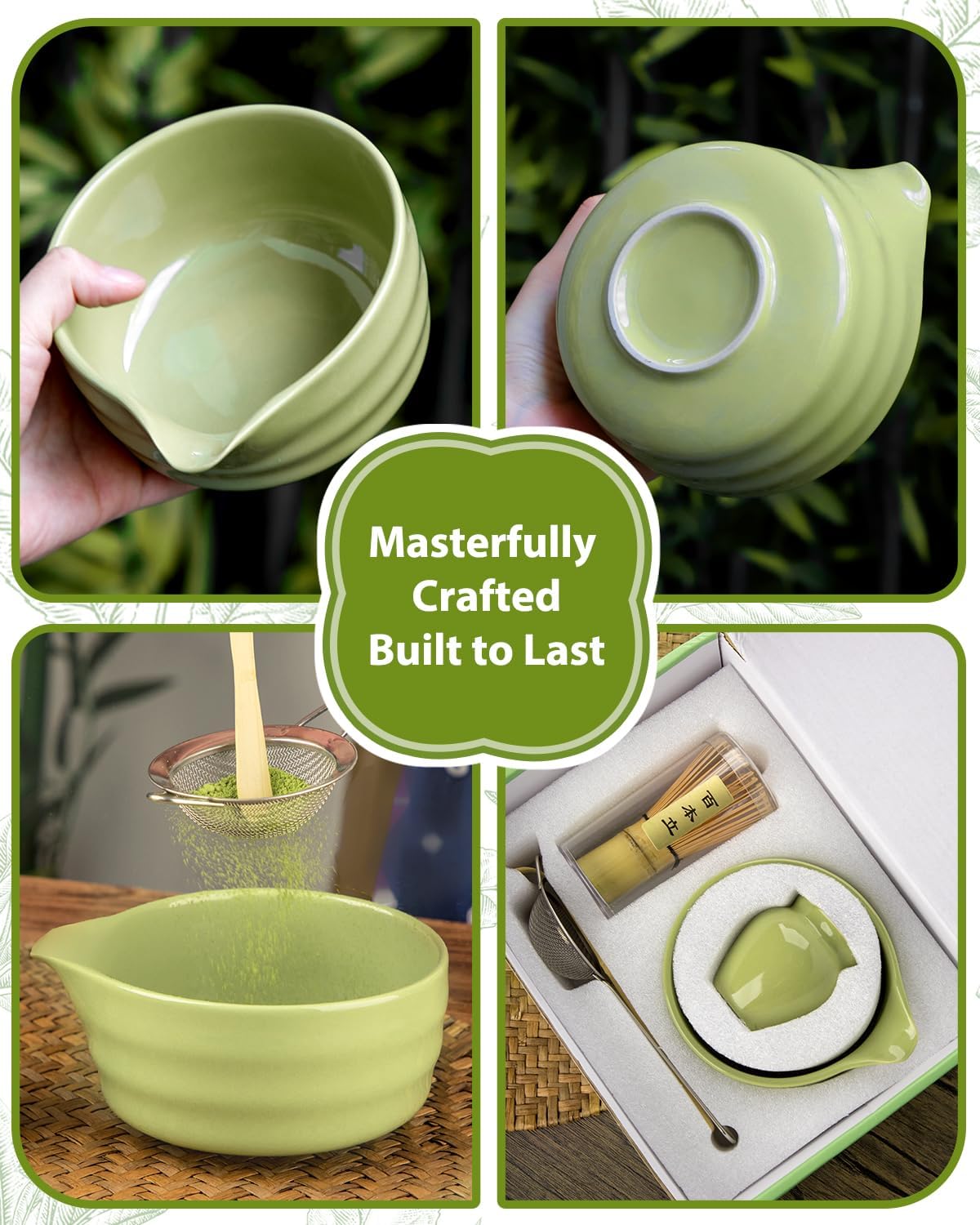 Matcha Whisk Set - 5PCS Matcha Set Includes 17OZ Chawan with Spout, Bamboo Chasen Whisk with Ceramic Holder, Mat cha Scoop and Stainless Sifter, Matcha Kit for Ceremony, Gift for Matcha Lovers