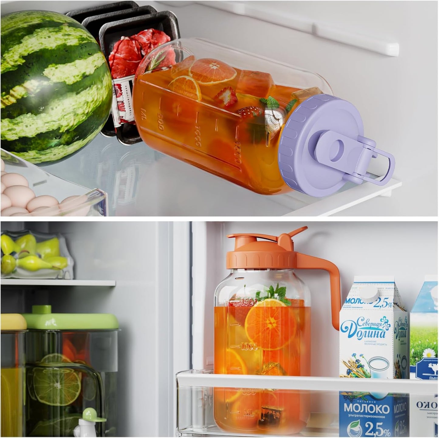 Glass Mason Jar Pitcher, 64 oz Wide Mouth Jug with Pour Spout Handle Lid for Cold Brew Coffee, Ice Beverage, Iced Juice, Lemonade, Sun Tea, Fruit Drinks Container（Purple）