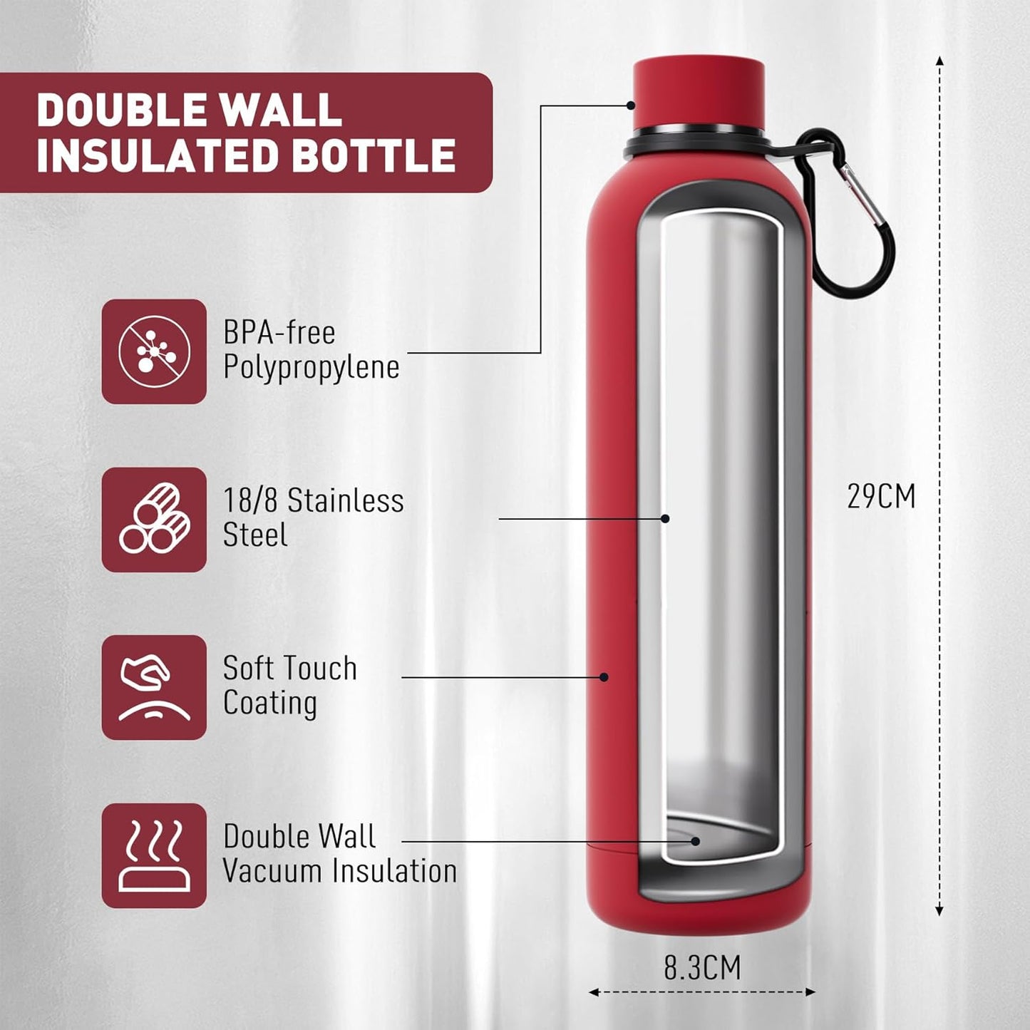 Slim Insulated Water Bottles for Travel 32oz with Clip, Double Wall Vacuum Stainless Steel Water Bottle Keeps Drinks Cold 24 Hrs/Hot 12 Hrs, 100% Leakproof, BPA Free（Red）