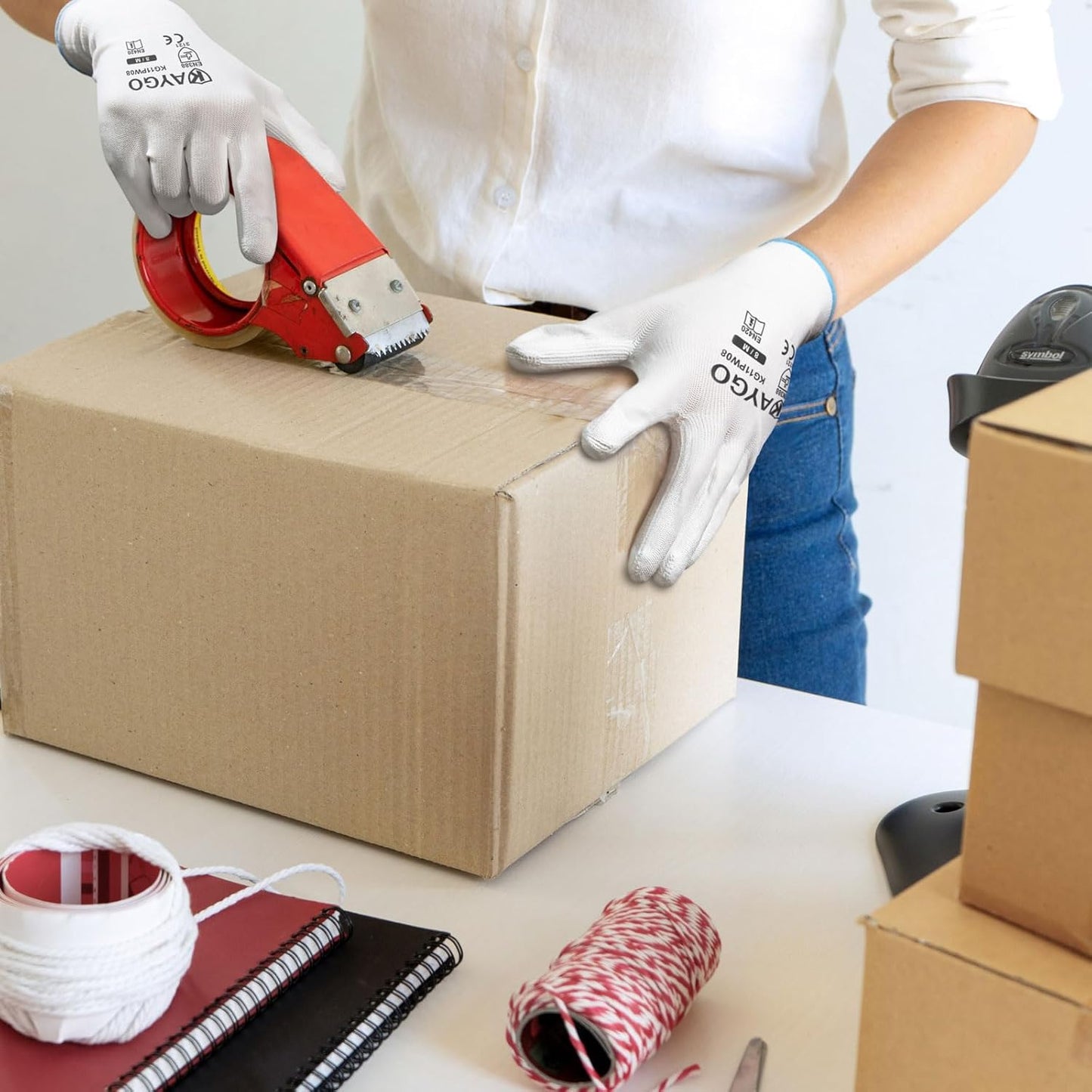 KAYGO Safety Work Gloves PU Coated-12 Pairs, KG11PB, Seamless Knit Glove with Polyurethane Coated Smooth Grip on Palm & Fingers, for Men and Women, Ideal for General Duty Work (Large, White)