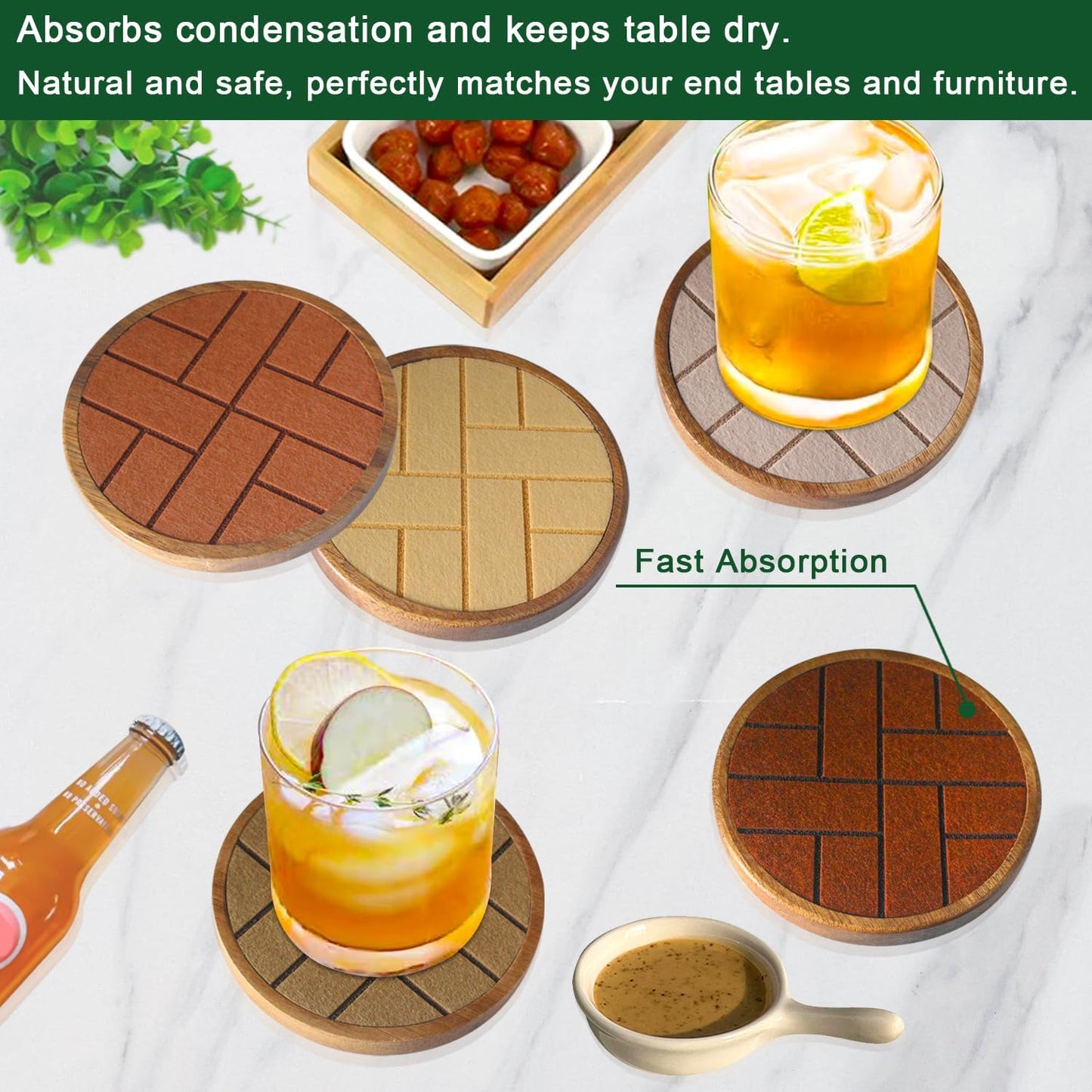 Coasters for Drinks Absorbent 5 Pack, Wood & Felt, Non-Slip, Non-Stick, Brown, Round, 4.3 Inch