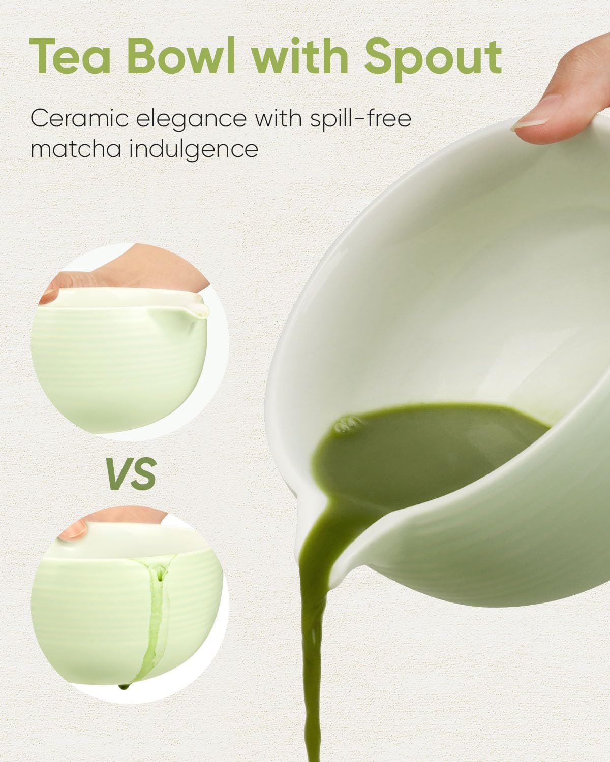 Matcha Bowl and Whisk Holder Set, Ceramic Tea Bowl and Whisk Stand, Matcha Tea Mixing Bowl with Spout (18 Ounce), Whisk Rest, Light Green