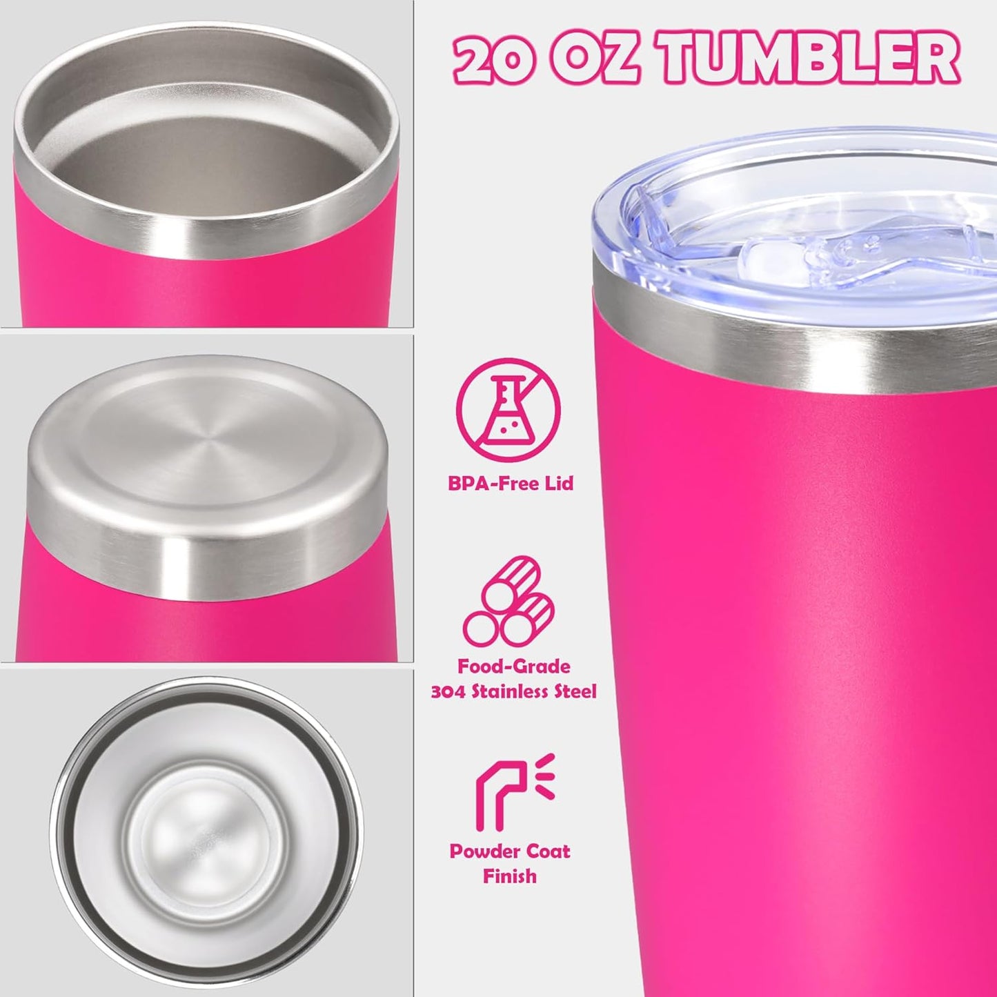 20oz Tumbler Bulk Stainless Steel Tumbler Cup with Lid Vacuum Insulated Double Wall Travel Mug, Durable Powder Coated Travel Coffee Tumbler Mug for Hot & Cold Drinks, Hot Pink,12 Pack