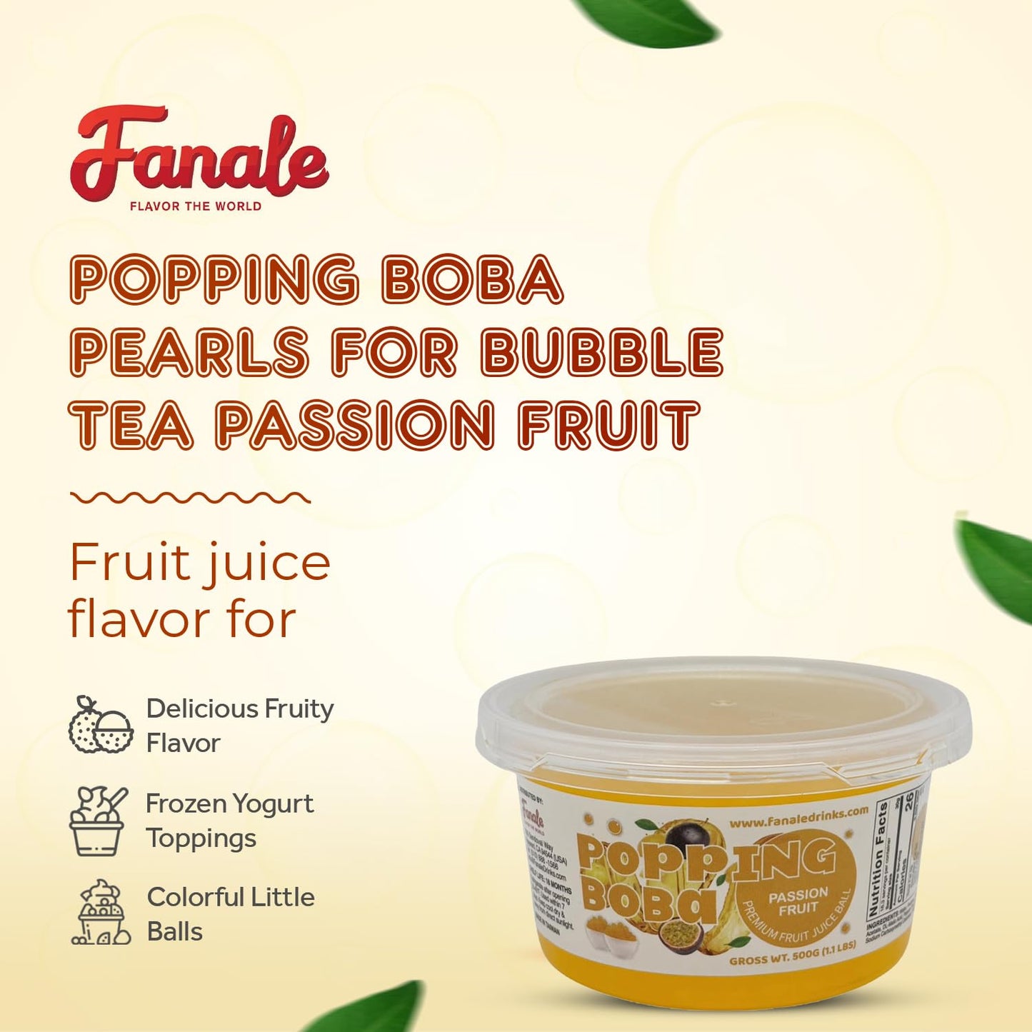 Fanale Passion Fruit Popping Boba Pearls, Vegan, Non GMO, Gluten Free, Fat Free, Perfect for Bubble Tea, Smoothies, Ice Cream, Desserts, and Beverages.