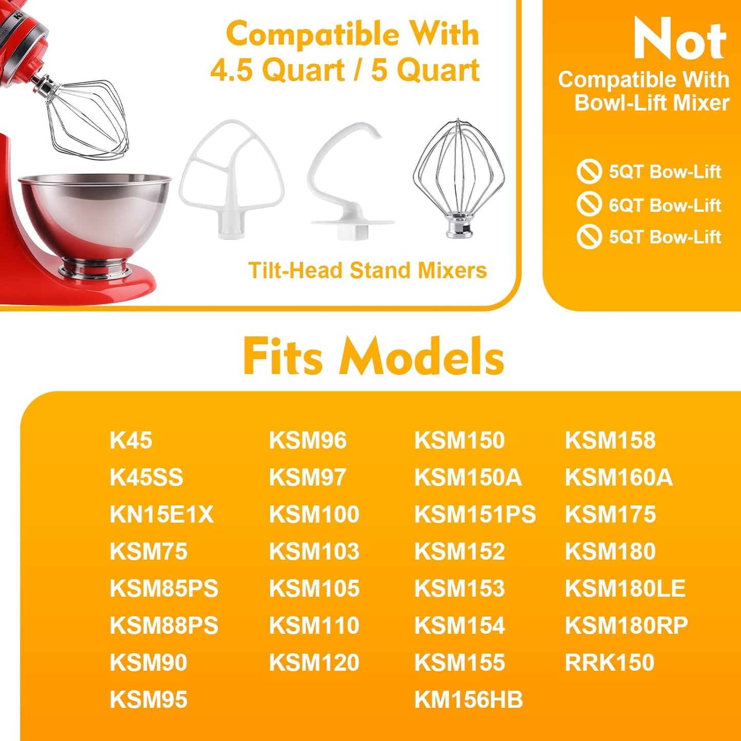 3-Piece Kit Attachments for KitchenAid Tilt-Head Stand Mixer, Accessories Stainless Steel K45WW Wire Whip, K45DH Dough Hook and K45B Coated Flat Blade Paddle with Scraper