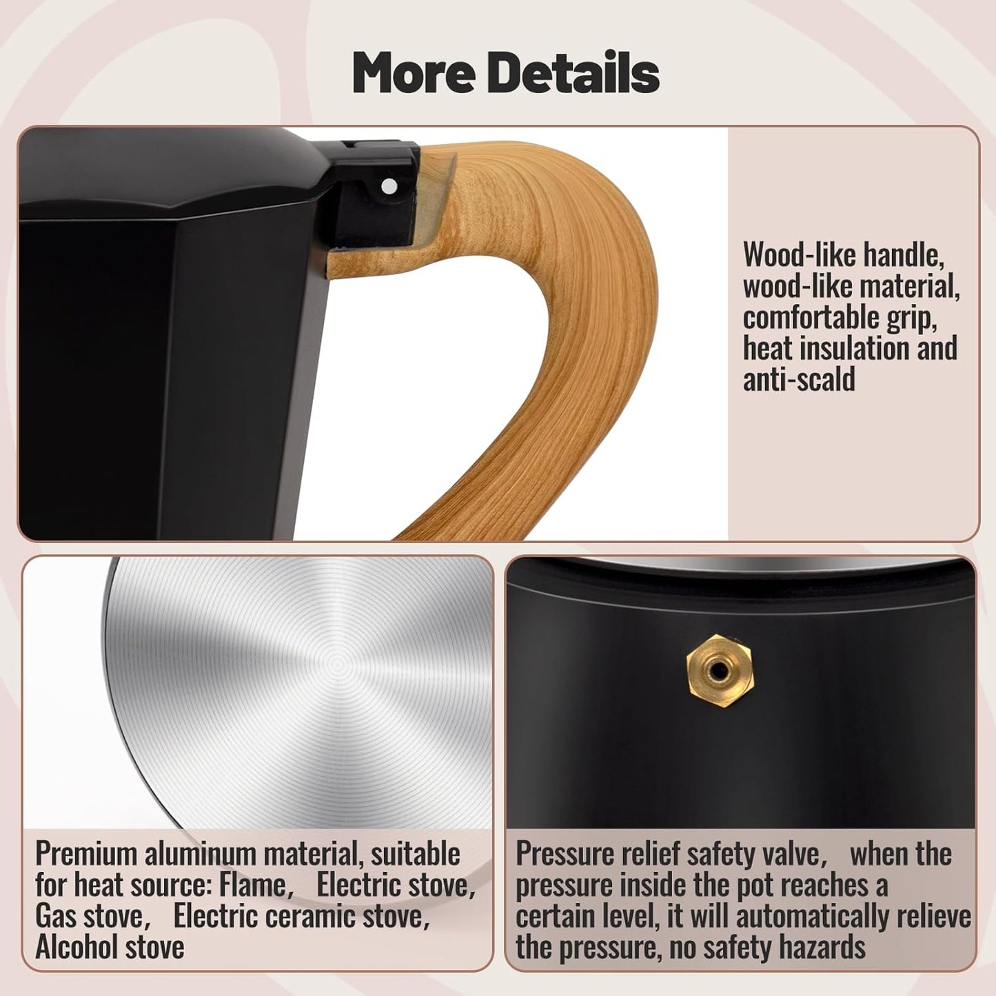 6 Cup Aluminum Moka Pot Classic Stovetop Espresso Coffee Maker 300ml 10oz Coffeemaker Percolator Mocha Pot Greca Coffee Maker Cafe Makers for Italian and Cuban Café Brewing Black