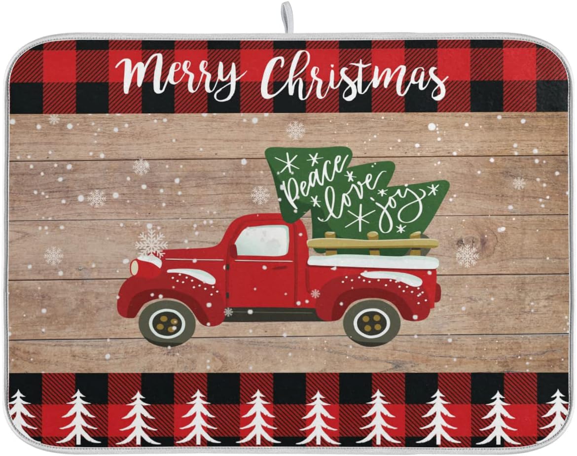 Christmas Dish Drying Mat 18 x 24 Inch with Hanging Loop High Absorbent Reversible Microfiber Red Truck Buffalo Check Plaid Dish Mat Dish Drying Pad Dish Rack Pad Drainer Mat Counter Mat