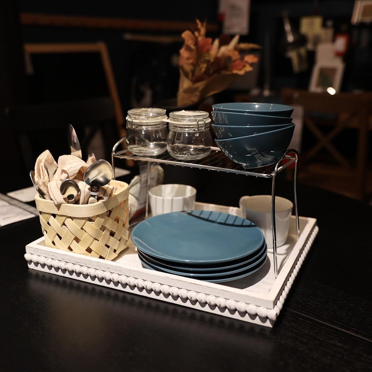 Wood Decorative Coffee Table Serving Tray, Farmhouse Rectangular Tray with Wooden Bead for Ottoman, Entertaining, Home Decor, 15.7”*11.8”*1.57” (Whitewashed)