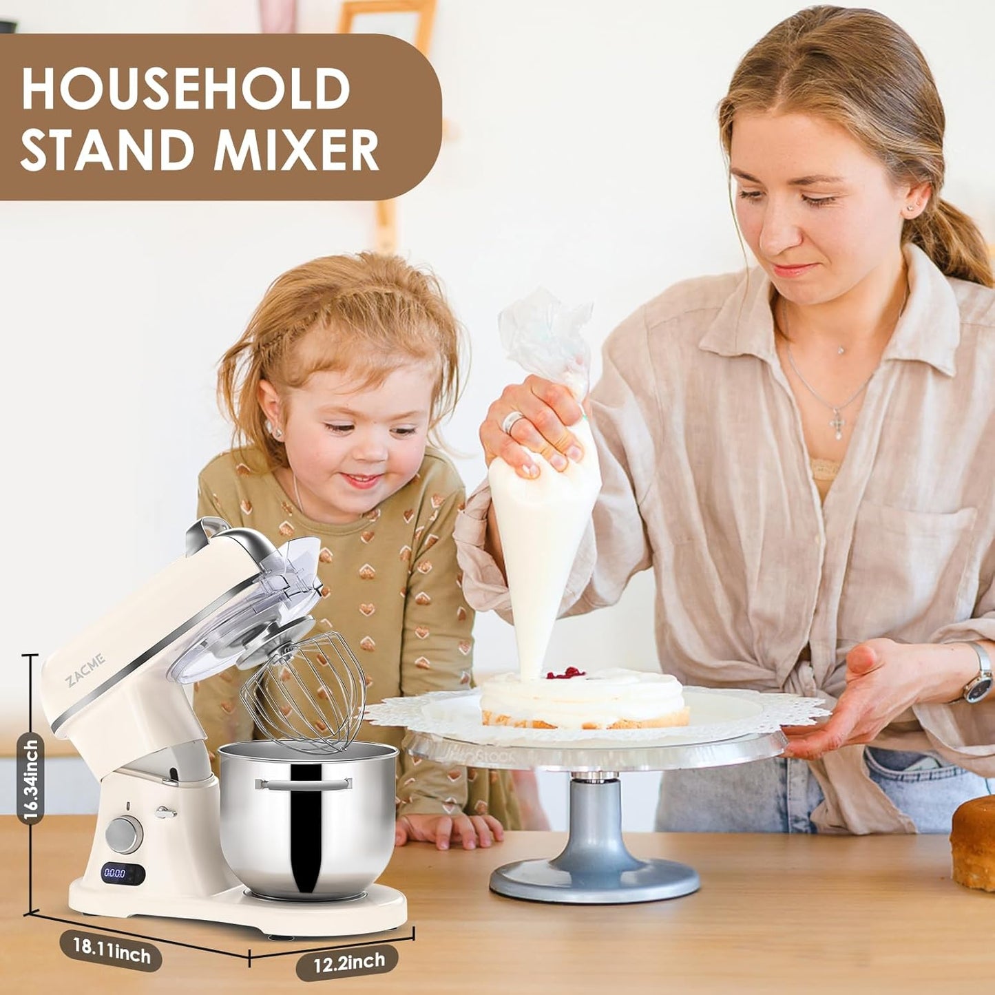 ZACME 7.4QT Household Stand Mixer 800W with CSA Certified and Aluminum Die Casting, Kitchen Electric Mixer Metal Food Mixer with Stainless Steel 7L Bowl, Dough Hook, Whisk and Beater