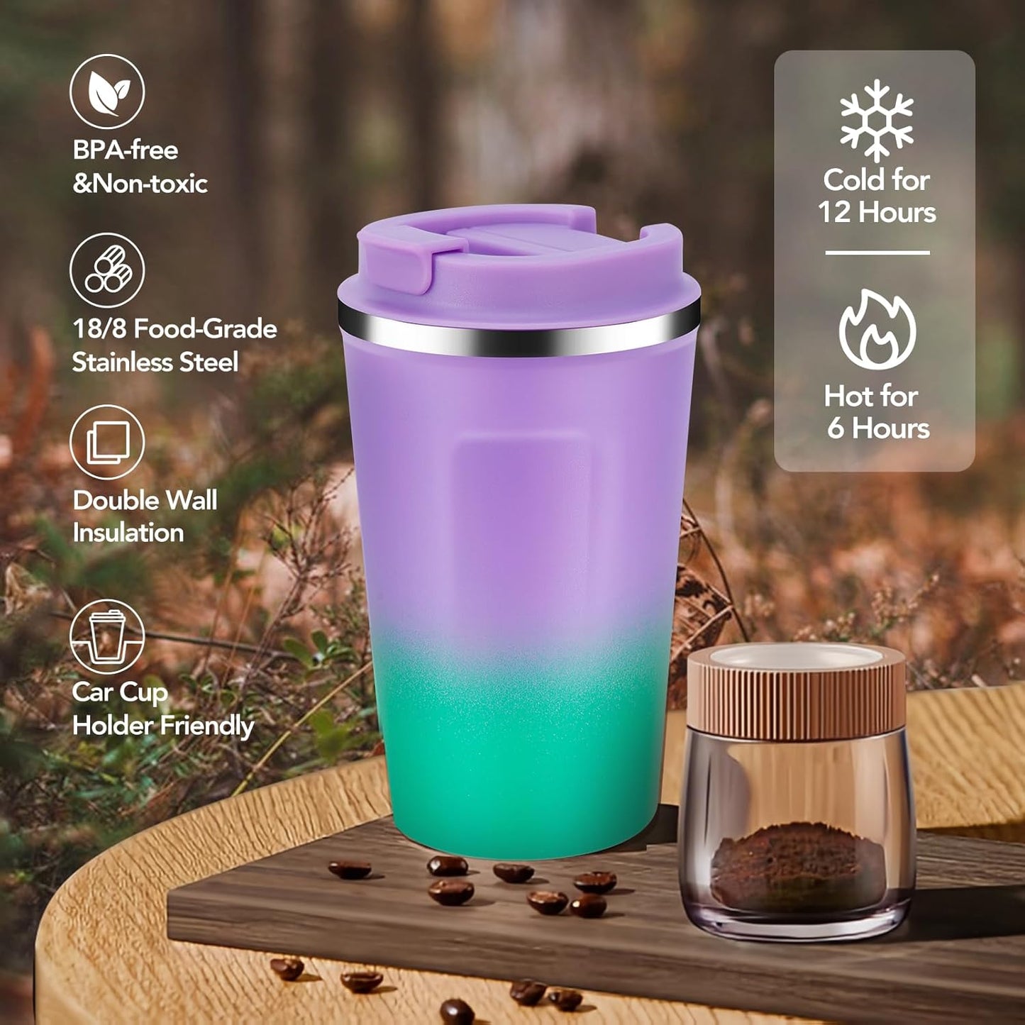 Volhoply 12 oz Double Wall Insulated Vacuum Travel Coffee Mug with Flip Lid,Reusable Stainless Steel Leak Proof Coffee Cup,Portable Iced Cafe Thermal Tumbler for Hot & Cold Drinks(Purple Green,1 Set)
