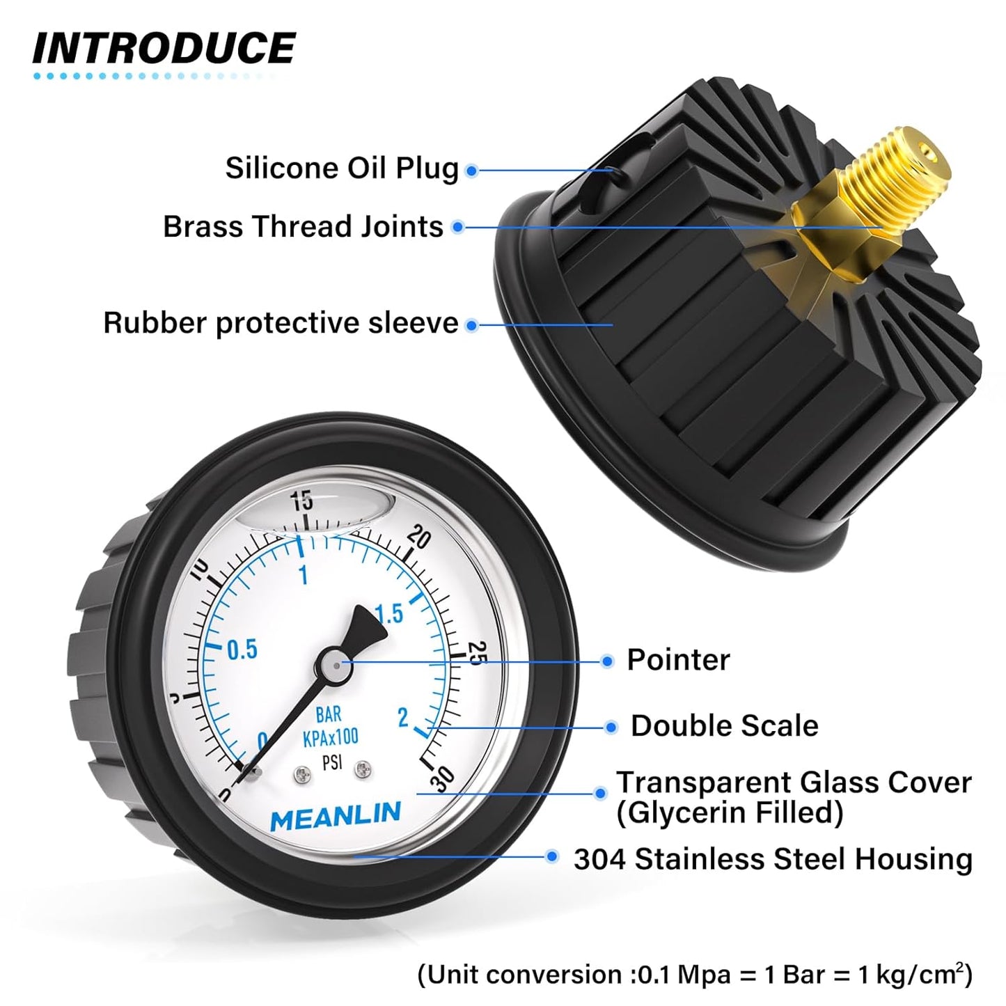 MEANLIN MEASURE 0~30Psi Stainless Steel Liquid Filled Pressure Gauge 1/4" NPT 2.5" FACE DIAL with Rubber Protective Sleeve, Center Back Mount