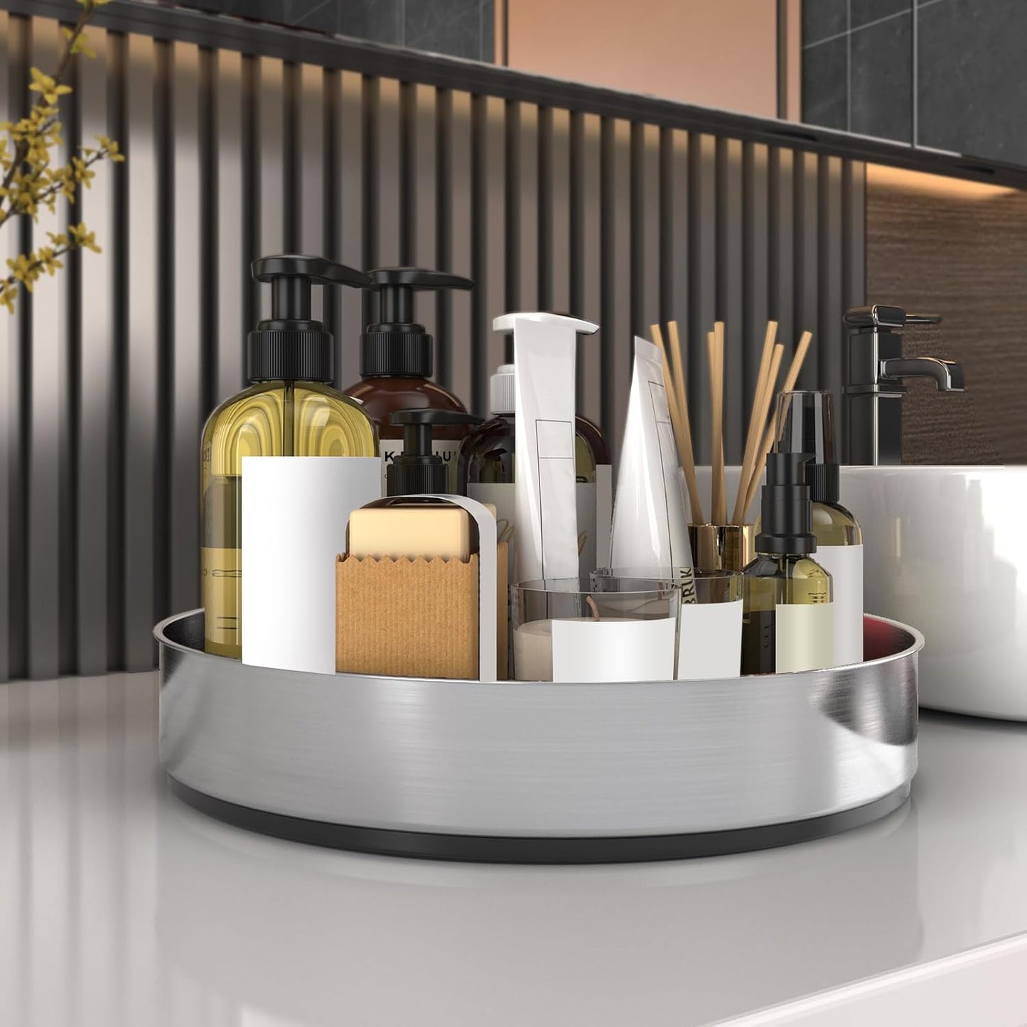 VAEHOLD Pantry Cabinet Lazy Susan Stainless Steel Black Spice Rack Turntable - Decorative Trays Storage Containers Organizer for Kitchen Cabinet, Snacks, Bathroom (10 inches)