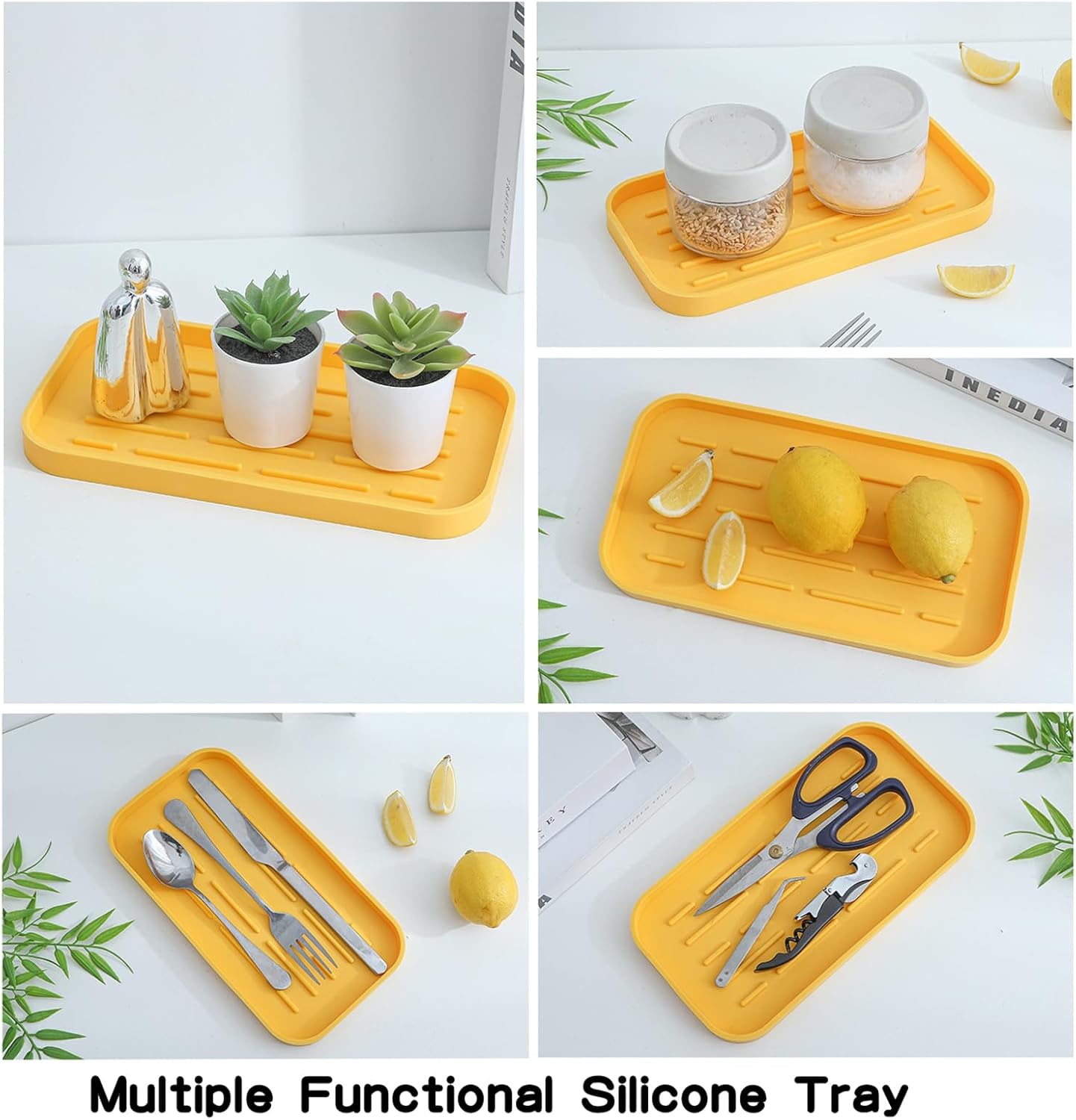 Silicone Kitchen Sink Organizer Tray for Multiple Usage,Easy Clean,Eco-Friendly Sponges Holder for Kitchen Bathroom Counter or Sink,Dish Soap Dispenser,Scrubber,Bottle,Cup Yellow 10”x 5.3”