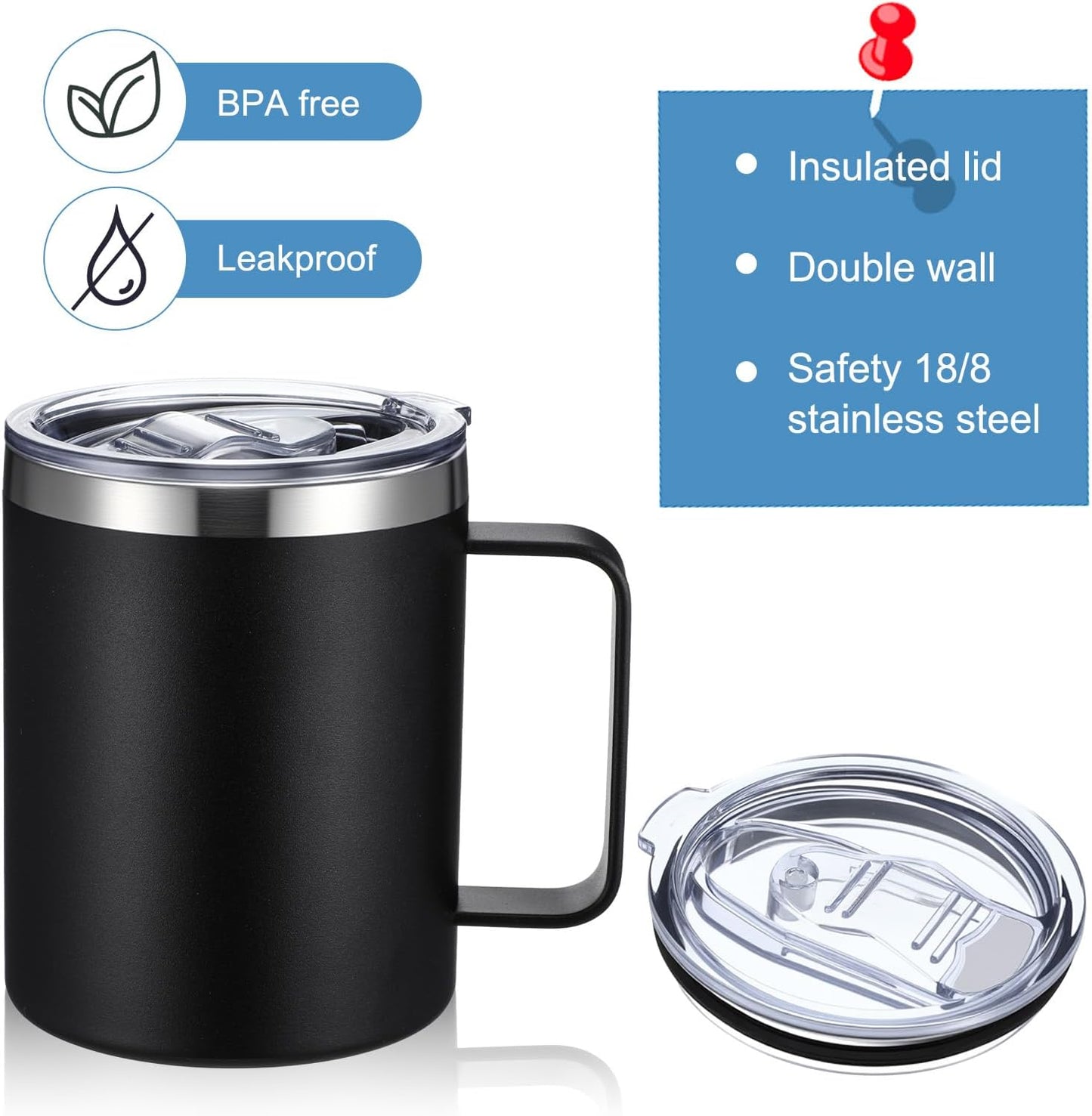 12 oz Insulated Coffee Mug Bulk with Handle, Stainless Steel Travel Coffee Mug with Lid, Double Wall Vacuum Metal Coffee Cup, Coffee Tumbler Powder Coated, Black 4 Pack